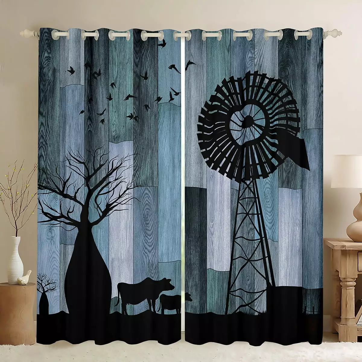 Garden Windmill Blackout Curtains Farm Animals Curtains & Drapes.Milk Cow Bull Lodge Cabin Barn Door Wooden Plank Curtains.Vintage Retro Country Trees Farmhouse Decor.Blue