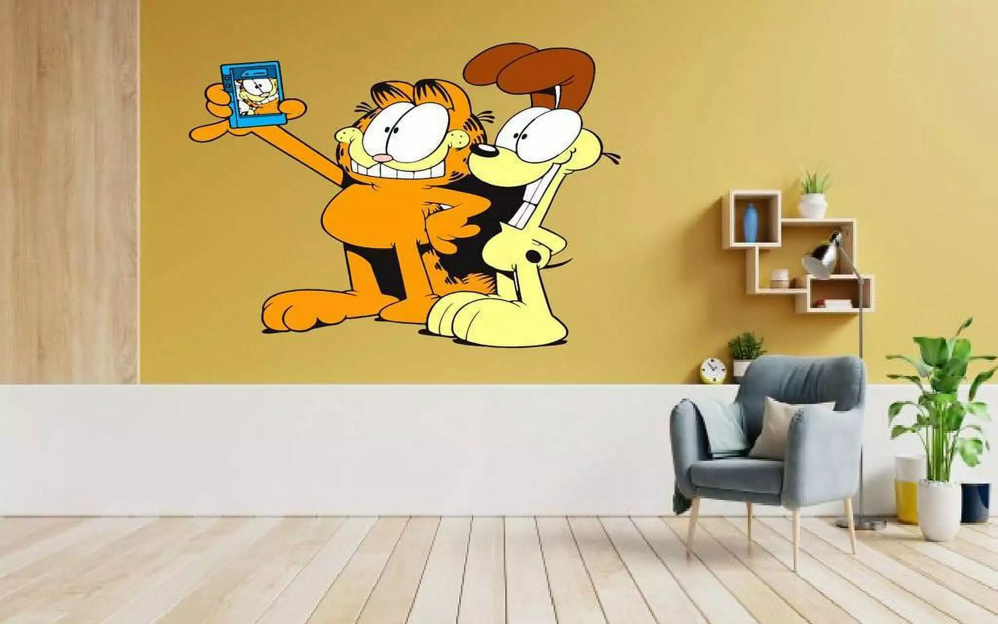 Garfield The Cat and Odie Taking Selfie Cartoon Character Wall Art Sticker Vinyl Decals Baby Girls Boys Children Kids Bedroom House School Wall Decor Removable Sticker Peel and Stick Size (40x20 inch)