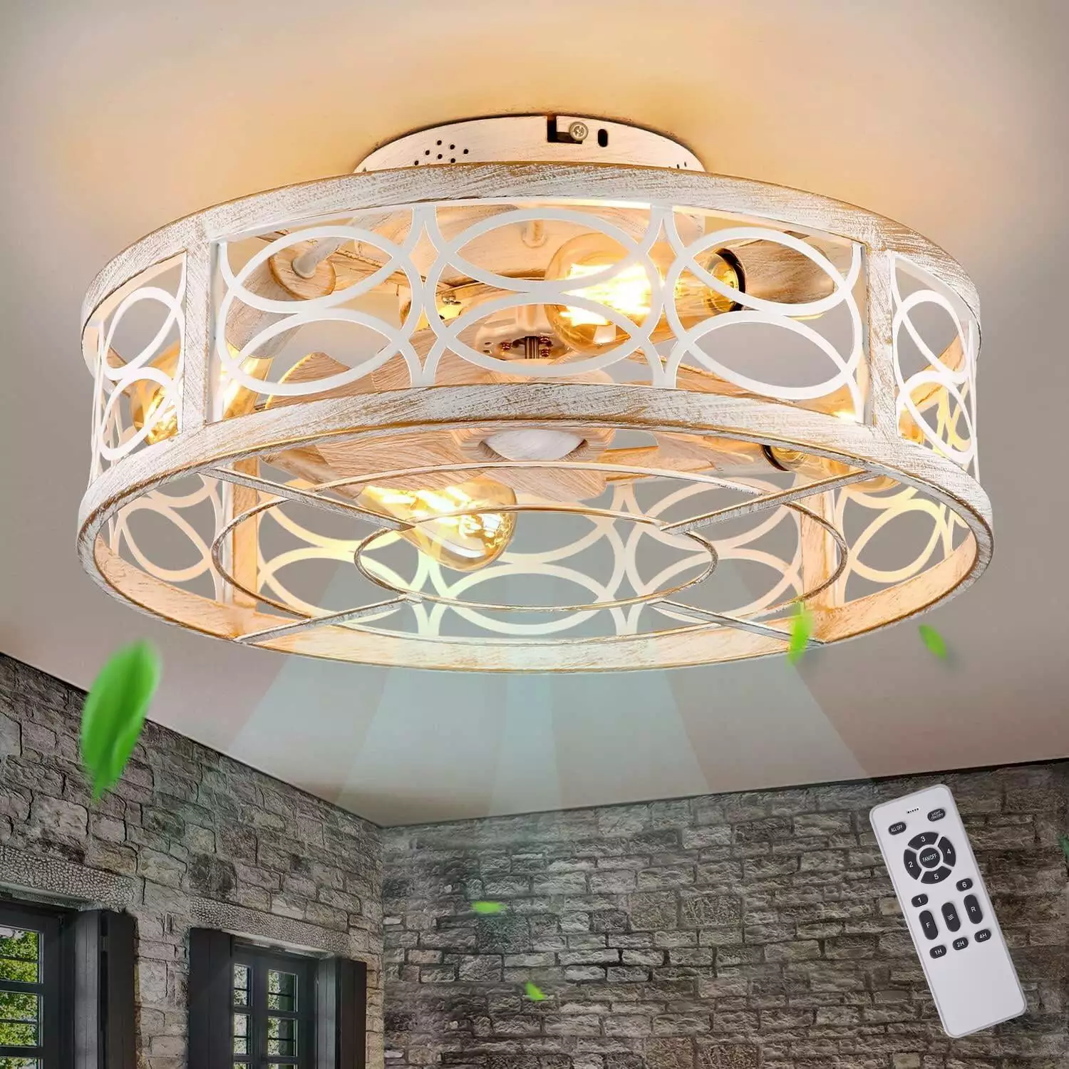 Garwarm Caged Ceiling Fans with Lights. White Flush Mount Ceiling Fan with Remote. Small Low Profile Bladeless Ceiling Fan Light Fixture for Bedroom. Kitchen. Dining Room