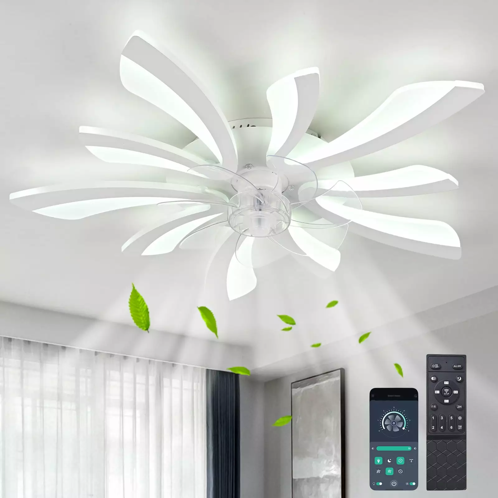 Garwarm Ceiling Fans with Lights. Modern Ceiling Fan with Lights Remote Control. Low Profile Ceiling Fan. 6 Speed Flush Mount Ceiling Fans for Bedroom (White)