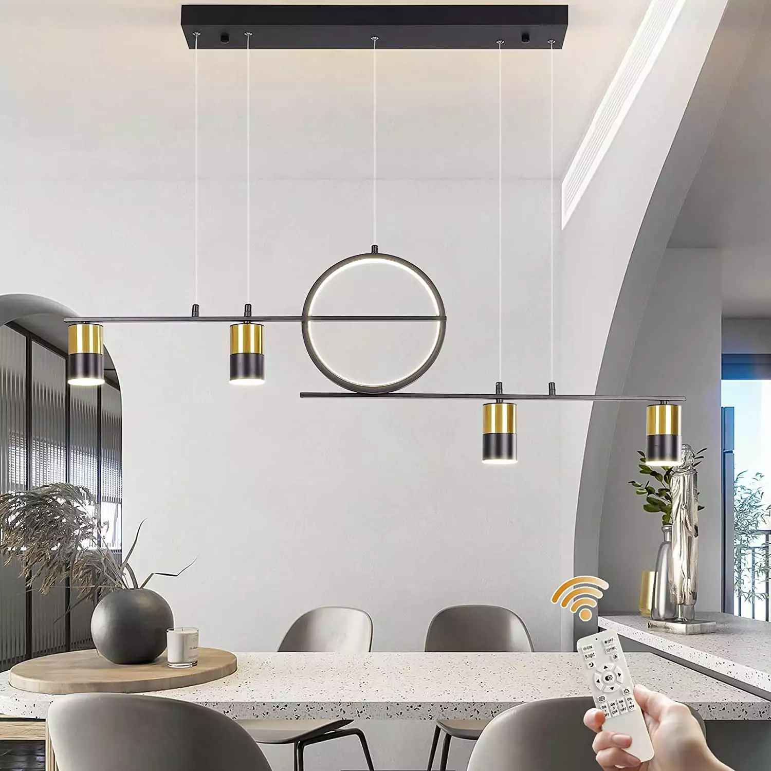 Garwarm Dimmable LED Pendant Lighting. Creative Linear Pendant Light Fixture. Modern LED Chandelier with Remote Control. Black and Gold Pendant Hanging Lamp for Dining Living Room Kitchen. 5-Light