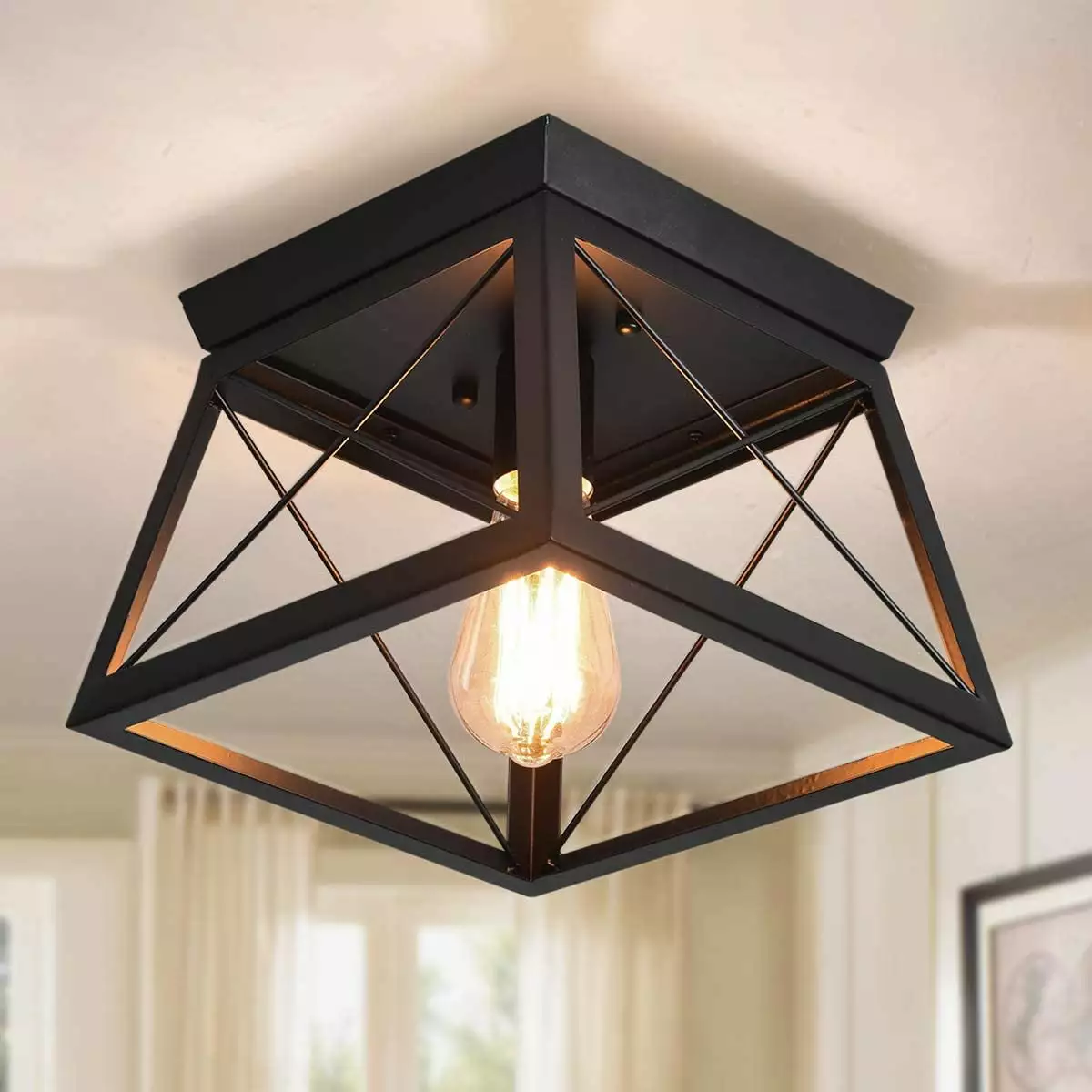 Garwarm Farmhouse Flush Mount Ceiling Lights Fixtures.Kitchen Close to Ceiling Lamp.Square Black Metal Cage Light Fixture for Hallway Bedroom Dining Room Entryway.E26