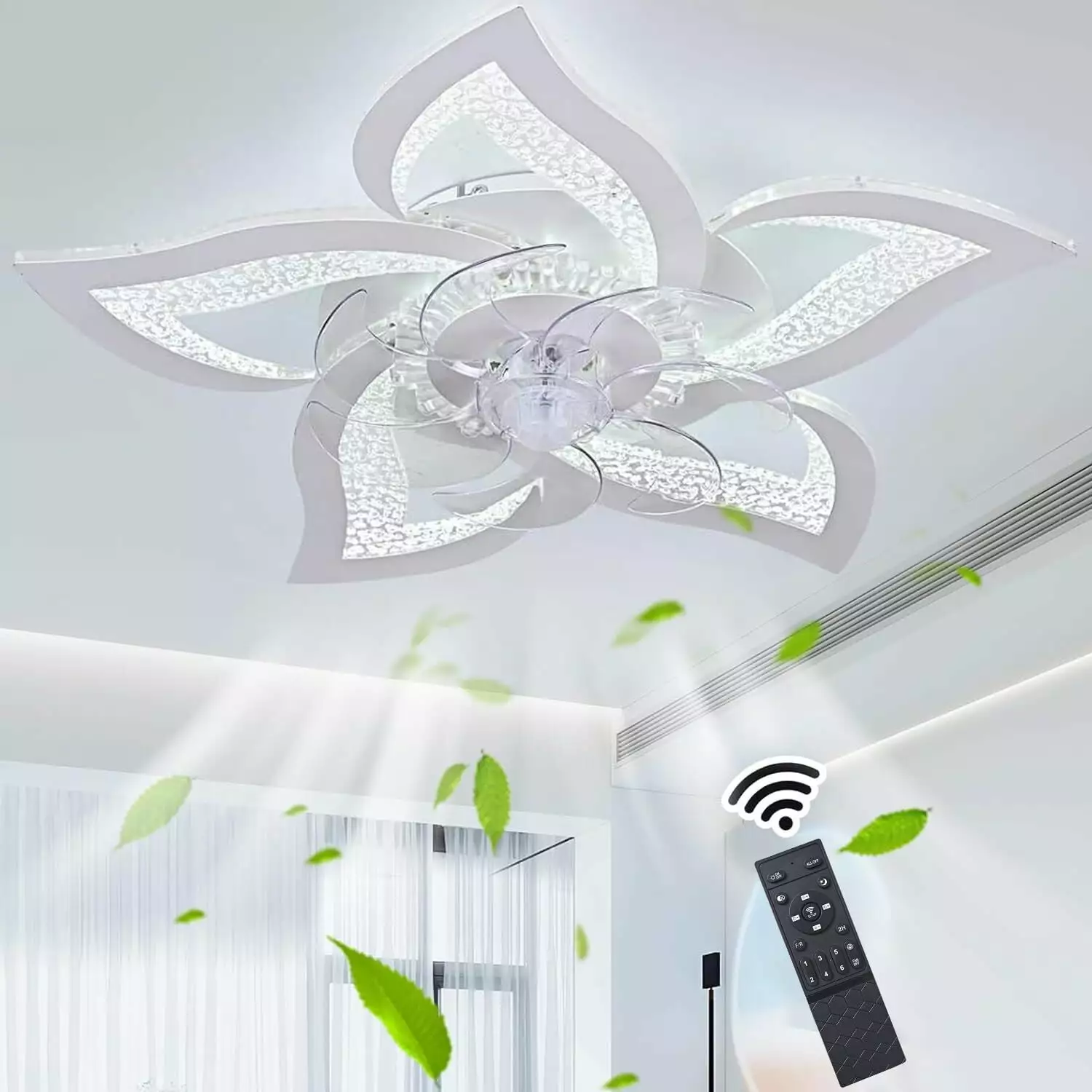 Garwarm Flower Ceiling Fans with Lights and Remote. 24 Inch Modern Low Profile Flush Mount Ceiling Fan. Dimmable LED Ceiling Light Fixture. Small Ceiling Fans for Bedroom. Kitchen. Indoor-White