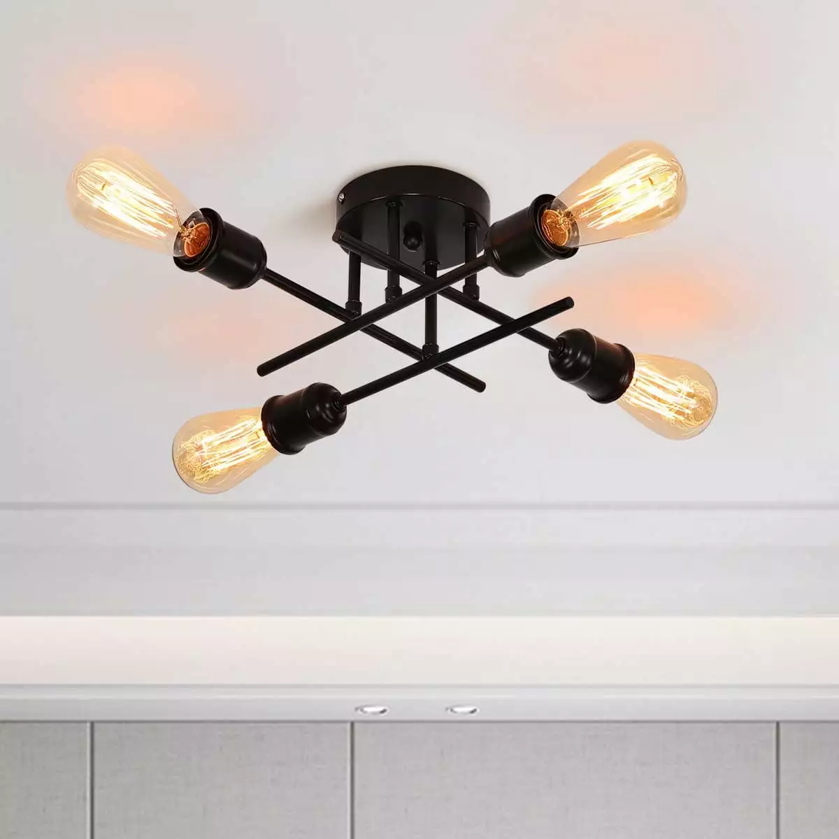 Garwarm Industrial Semi Flush Mount Ceiling Light 4-Light Rustic Black Chadelier with E26 Base. Modern Sputnik Ceiling Lighting Fixture for Kitchen Dining Living Room Bedroom