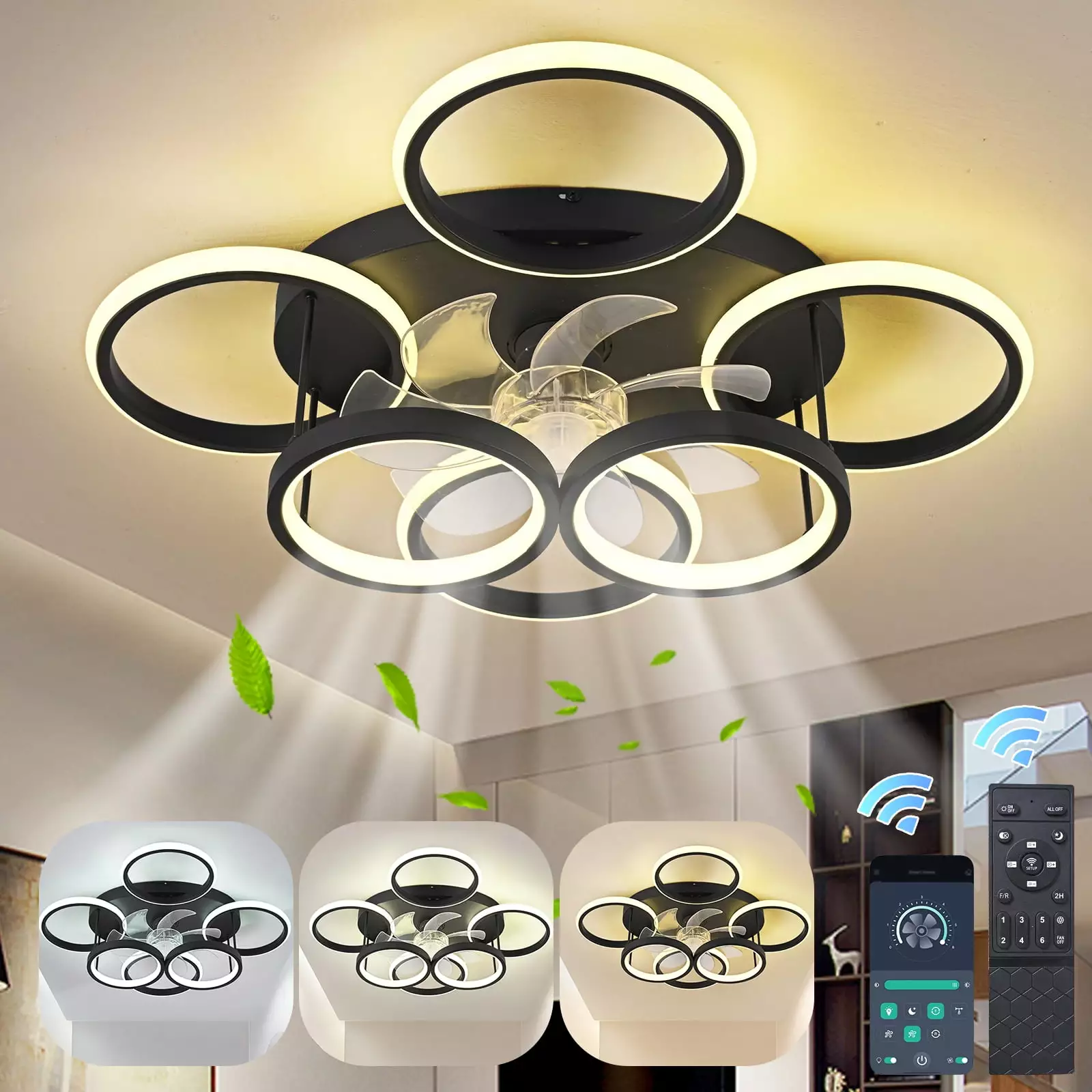 Garwarm Ceiling Fans with Lights. Modern Ceiling Fan with Lights Remote Control. Low Profile Ceiling Fan. 6 Speed Dimmable LED Ceiling Lamp for Bedroom. Kitchen. Black