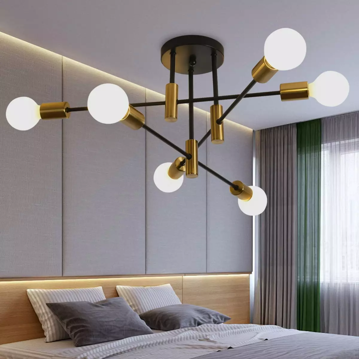 Garwarm Mid Century Sputnik Chandelier Modern Adjustable Ceiling Lighting 6 Lights Industrial Mount Pendant Light Fixture for Kitchen Living Dining Room Bedroom Foyer (Gold & Black)