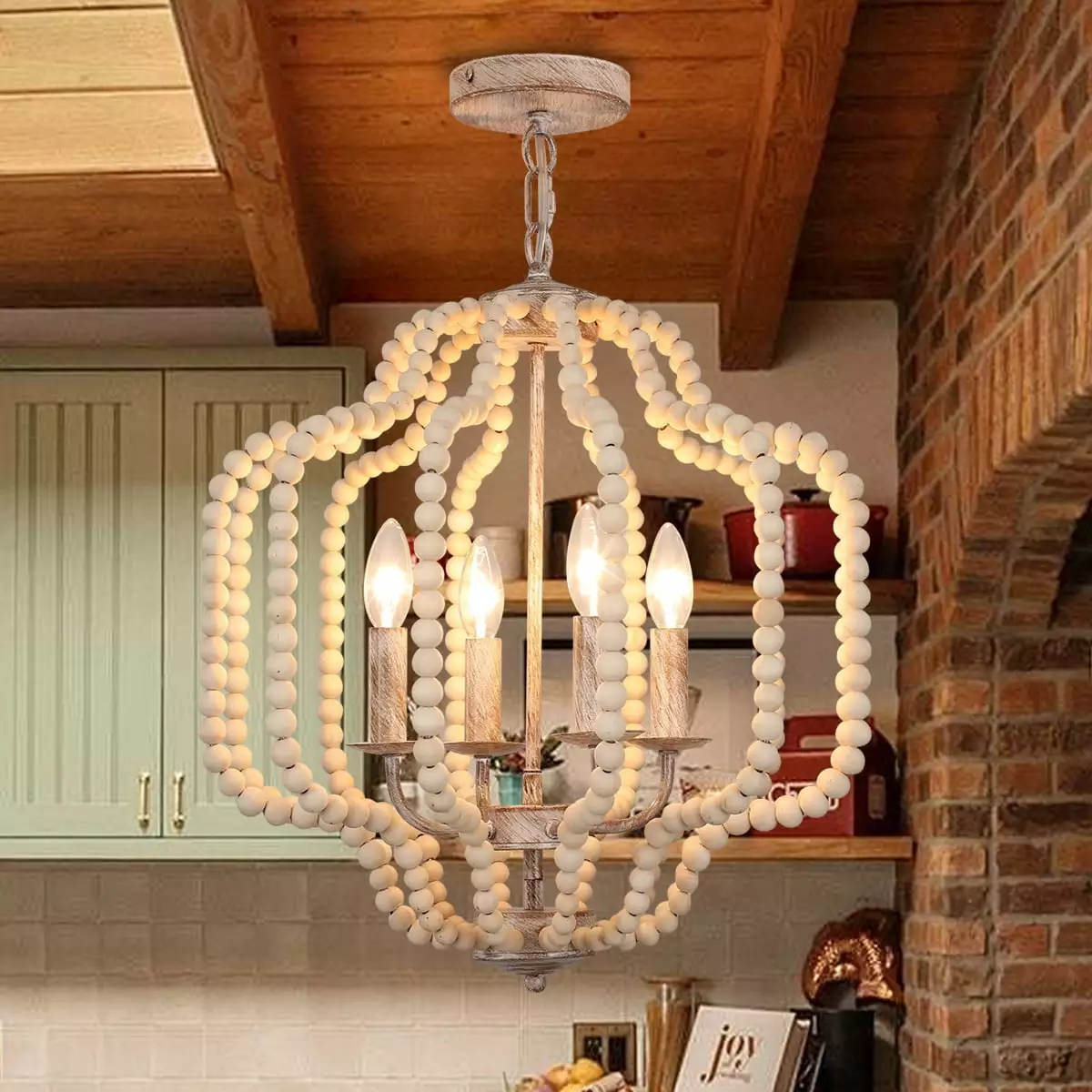 Garwarm Modern Chandelier Light Fixture. 4-Lights Wood Beaded Boho Pedant Lighting Vintage Farmhouse Orb Chandelier Ceiling Light Fixture for Dining Room Kitchen Bedroom Foyer Entryway