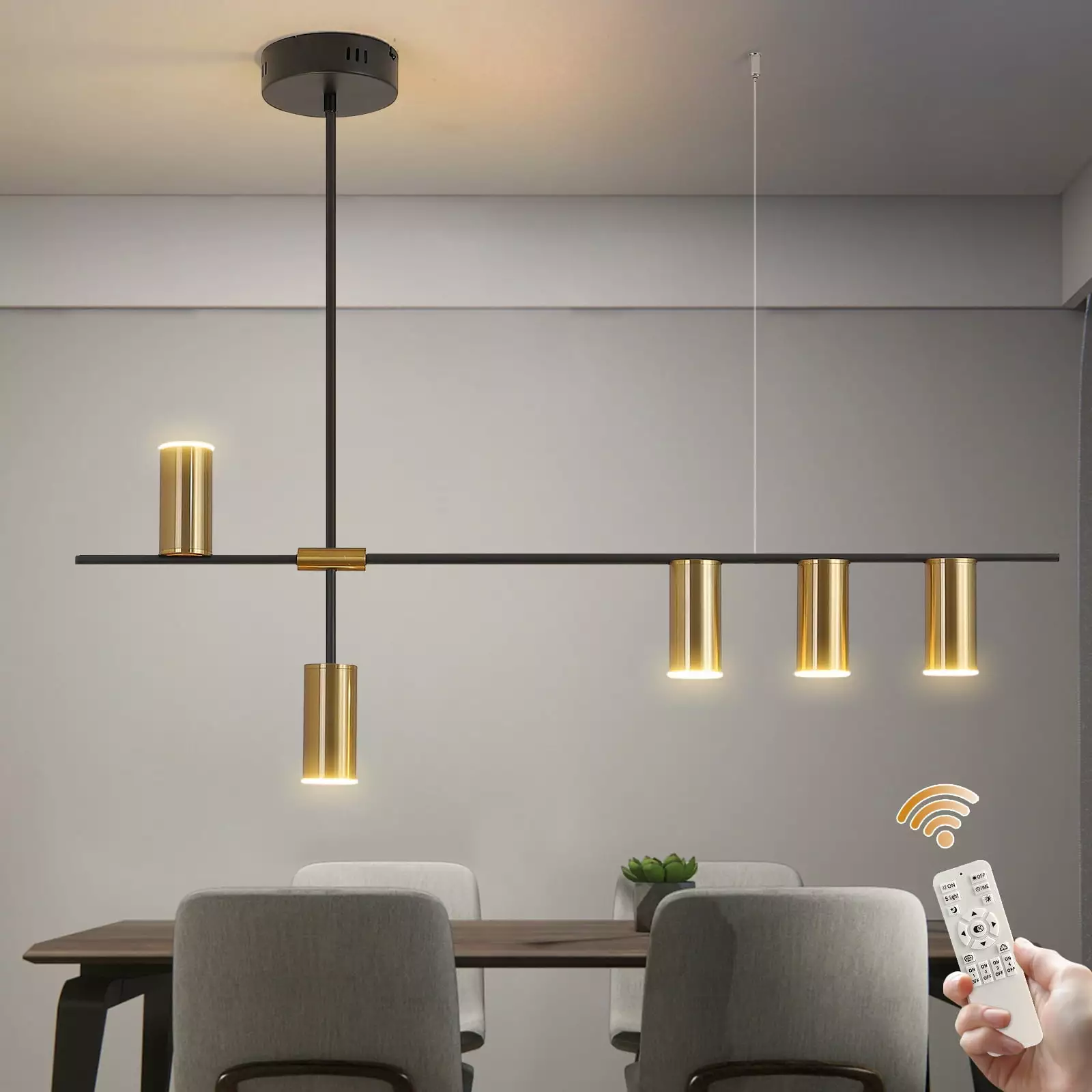 Garwarm Pendant Light Fixtures. Dimmable Modern LED Chandelier Lighting with Spotlights. Adjustable Linear Hanging Pendant Light for Kitchen Island Dining Room Living Room (Black. Gold)