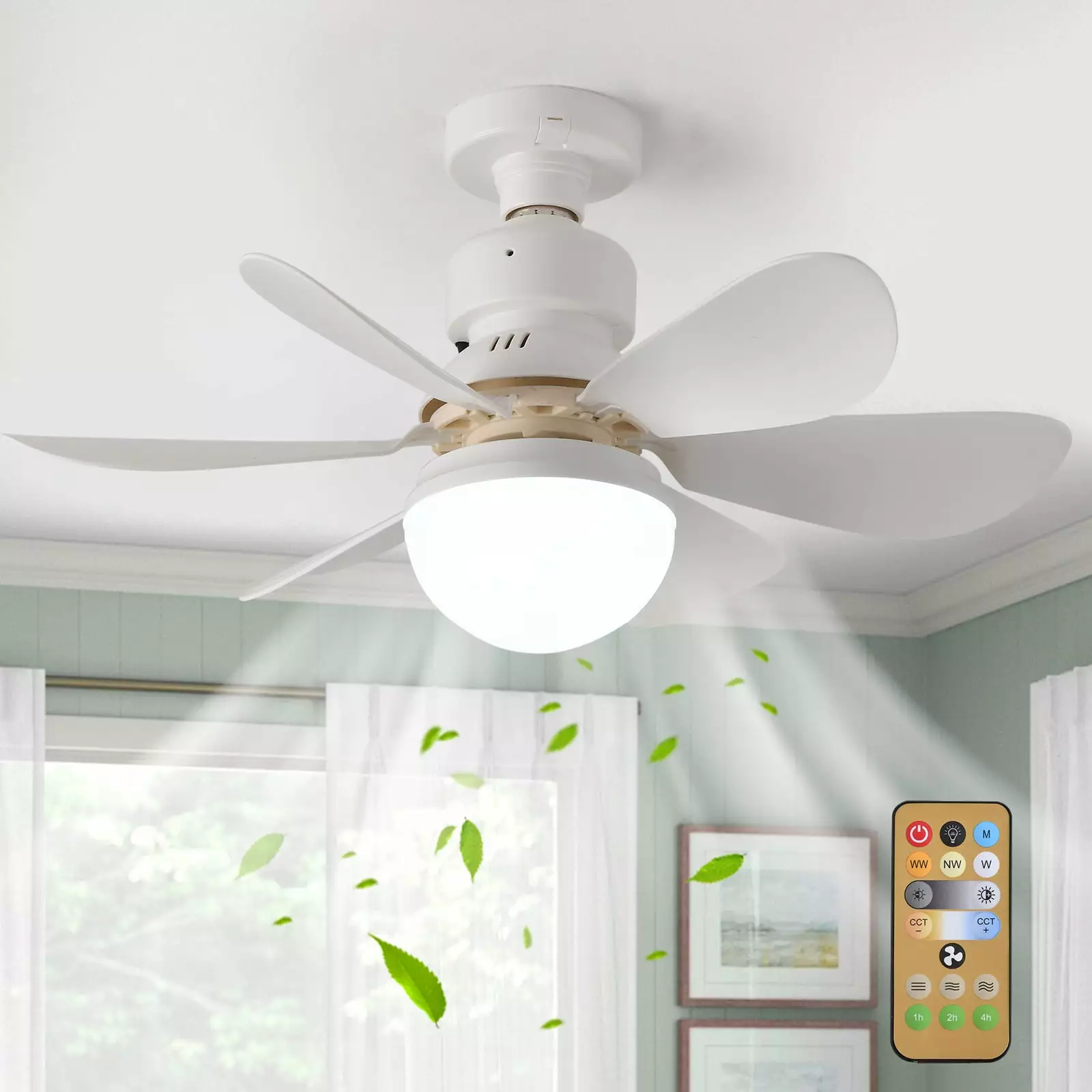 Garwarm Socket Fan Light with Remote. E26 Base 16.5 Small Ceiling Fans with Lights. 3 Color Dimmable and 3 Speeds Fan Light Bulb Screw in White Ceiling Fan for Bedroom Garage