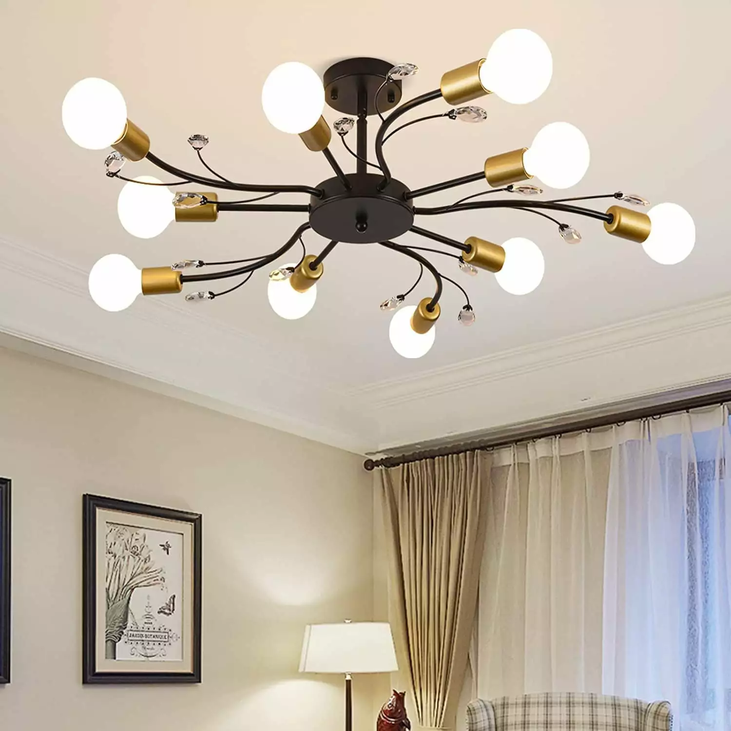 Garwarm Sputnik Chandelier Modern Ceiling Light Fixture. 10 Lights Mid Century Industrial Metal Semi Flush Mount Light. Gold & Black Ceiling Lamp for Bedroom Dining Living Room Kitchen