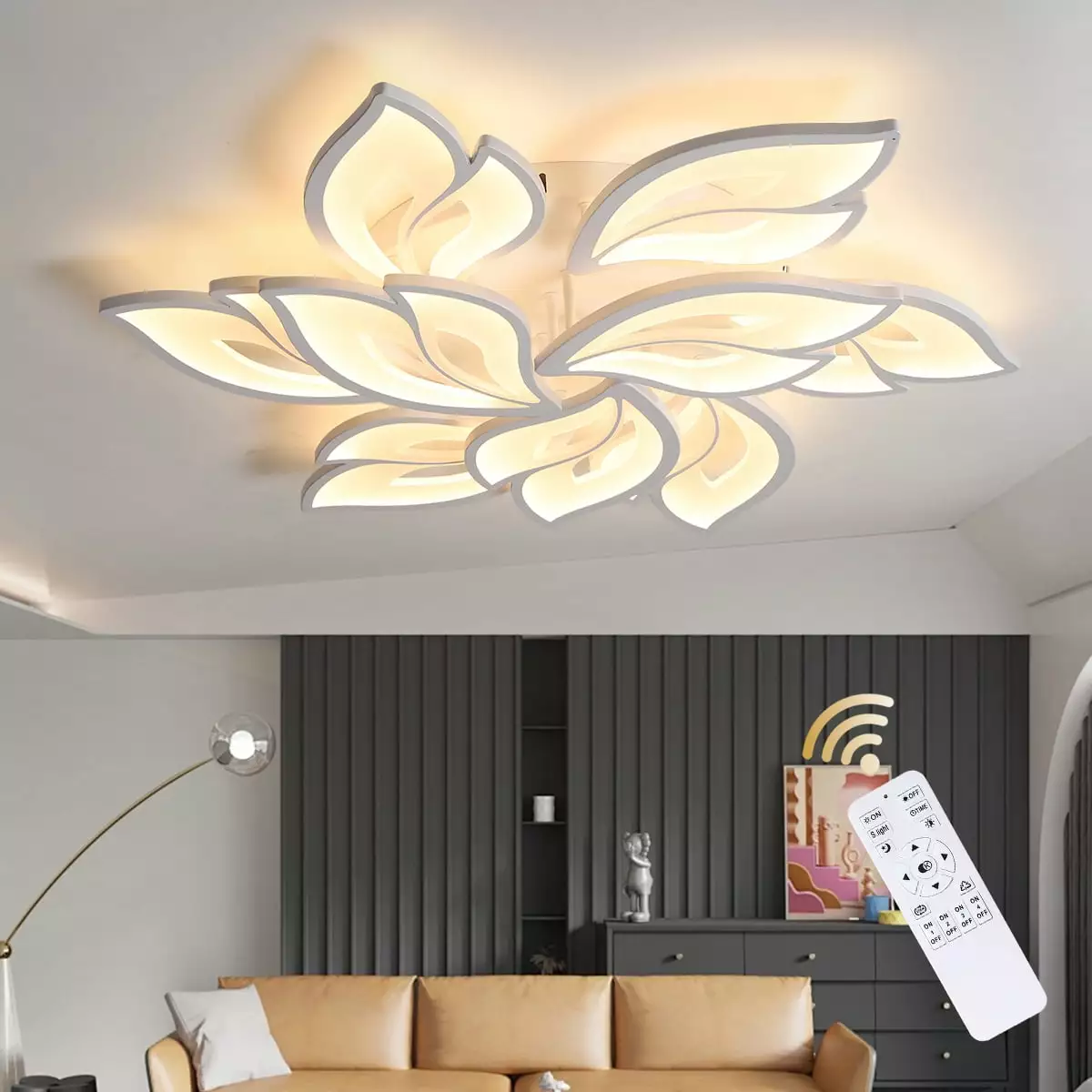 Garwarm modern LED Ceiling Light. Dimmable Flower Shape Flush Mount Ceiling Lamp Fixture with Remote. 75W Acrylic Petal Ceiling Chandelier Lighting for Bedroom Living Dining Room Foyer(White 9-Head)