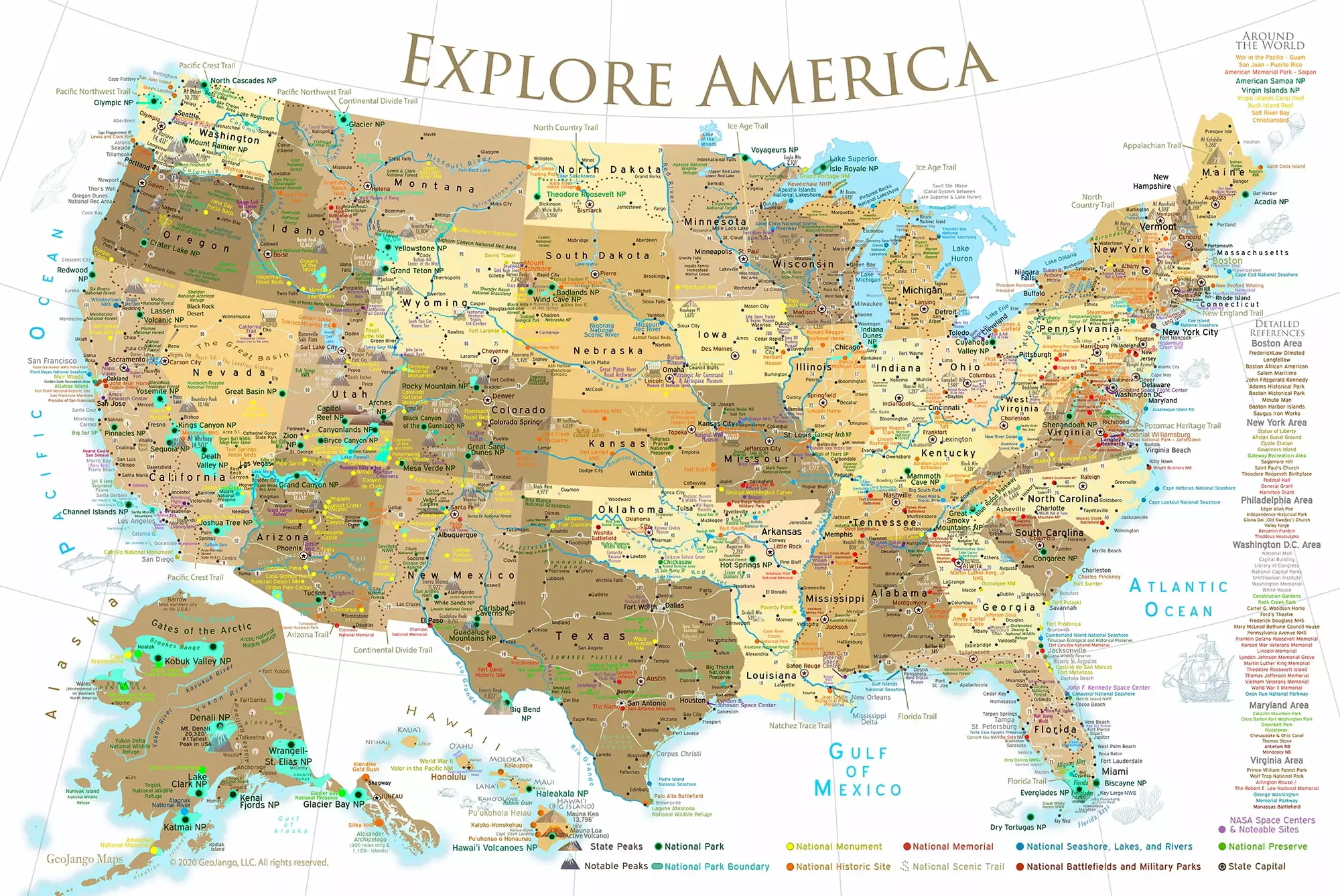 GeoJango USA Map Poster With Travel Destinations - Gold (24x16 Inches)