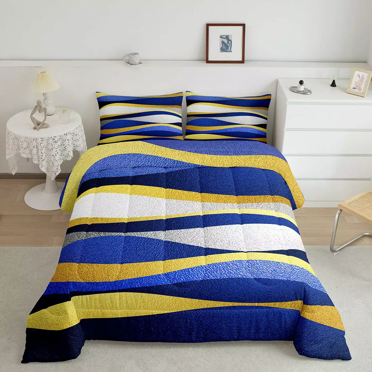 Geometric Bedding Set Navy Blue Gold Stripes Geometry Abstract Comforter Set Twin for Boys Girls Kids.Geometrical Stripe Down Comforter Modern Design Artwork Room Decor Striped Lines Duvet Insert