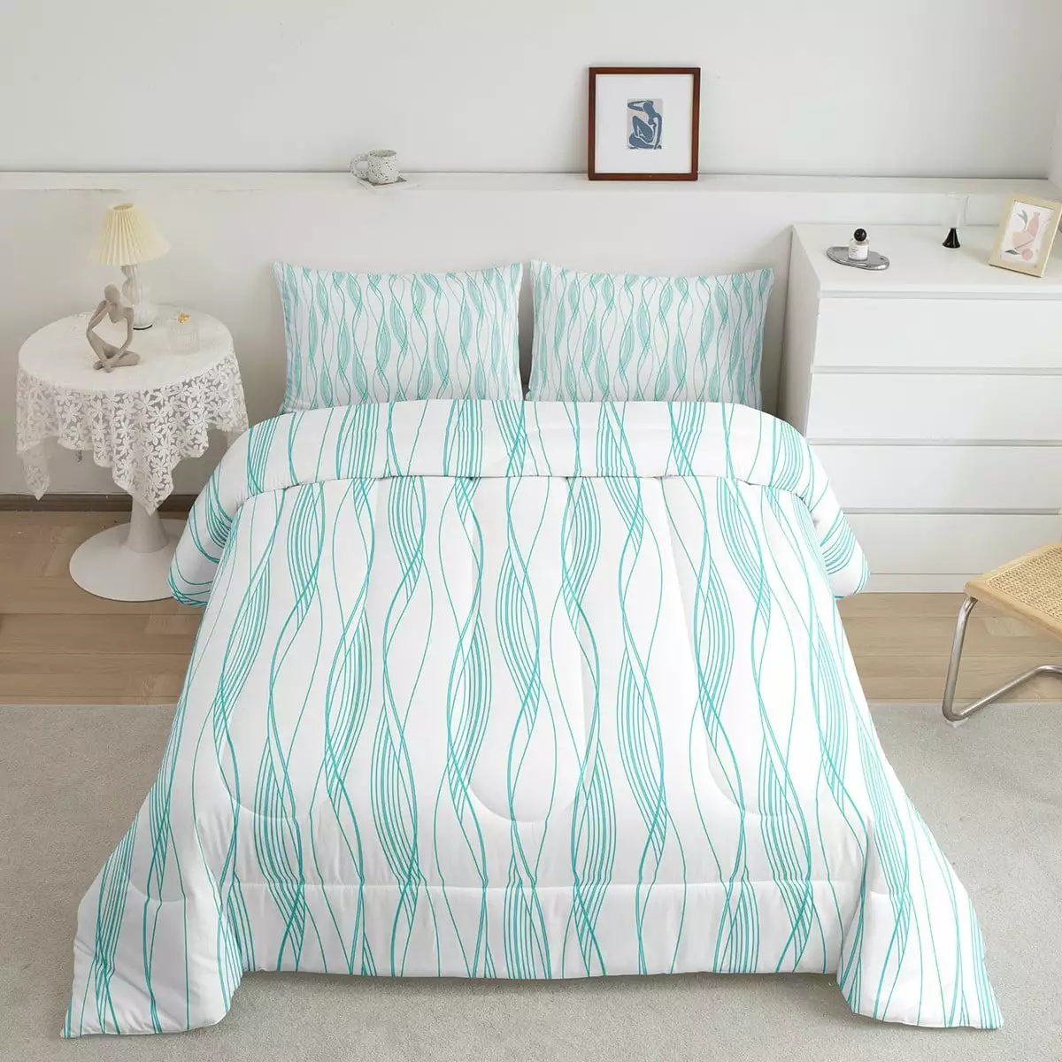 Geometric Comforter Set White Teal Abstract Art Stripes Bedding Set Twin for Kids Boys Girls.Retro Irregular Striped Waves Geometry Down Comforter.Boho Exotic Style Duvet Insert Modern Room Decor