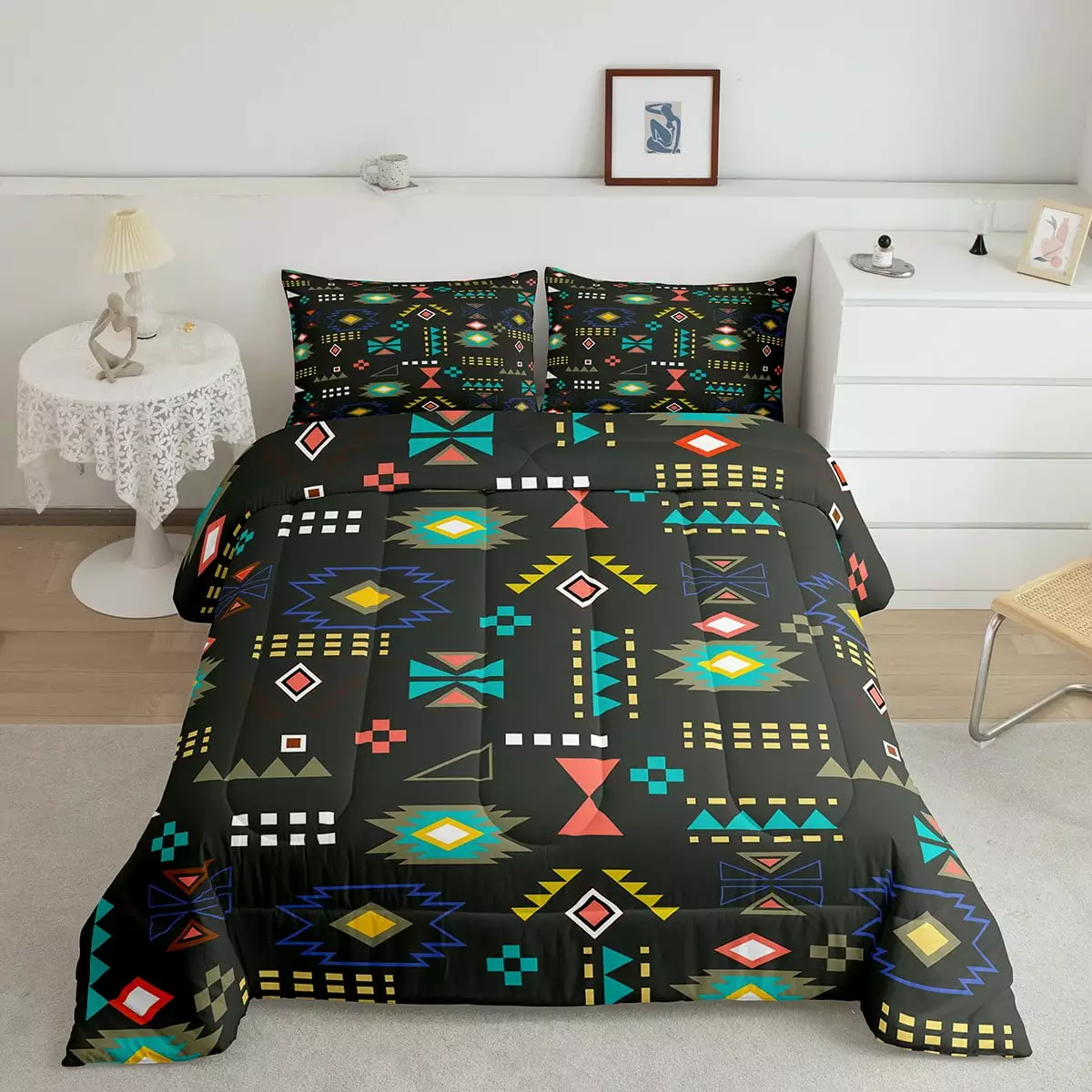 Geometry Aztec Bedding Set Ethnic Tribe Arrow Twin Comforter Set for Boys.Bohemian Triangle Diamond Quilt Exotic Nordic Style Duvet Insert.Southwestern Native Grid Boho Decor.Black