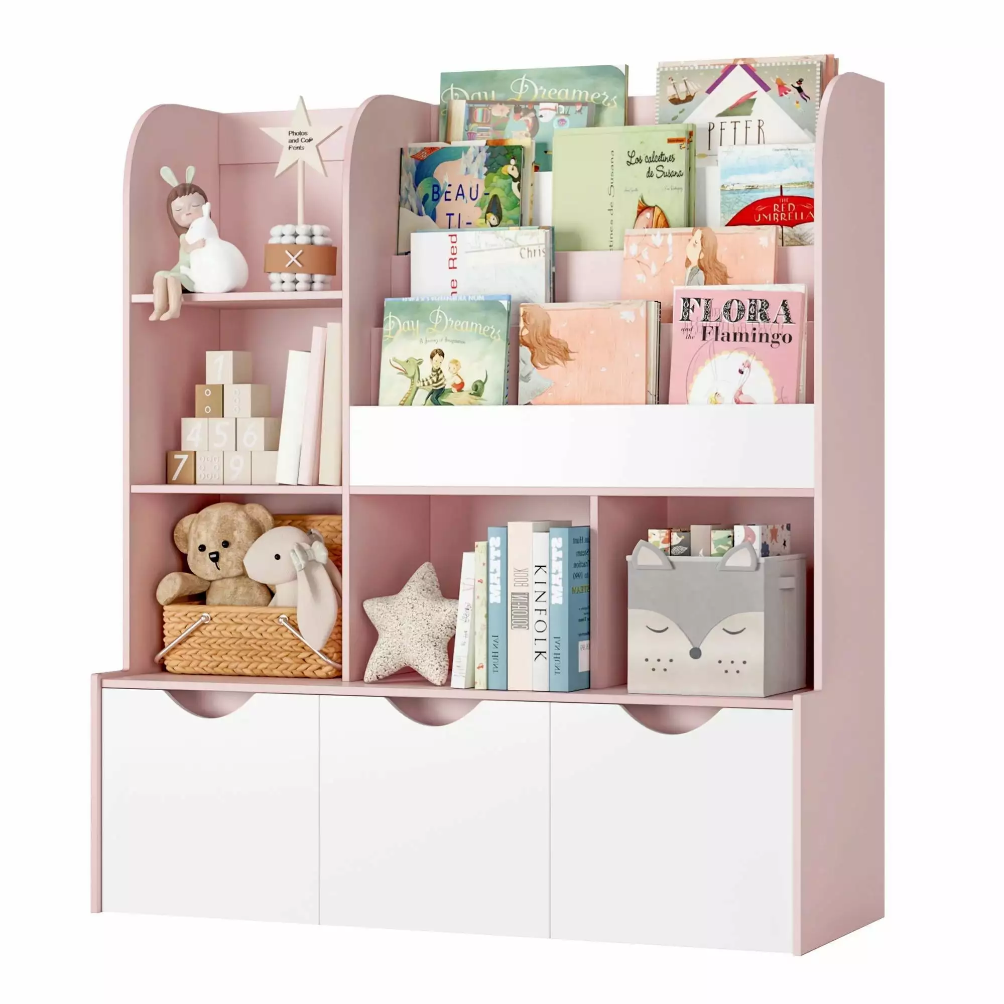 Gewnee Kid's Bookshelf with 3 Movable Drawers. 5-Cube Bookcase with 4-Tier Display Stand.Pink