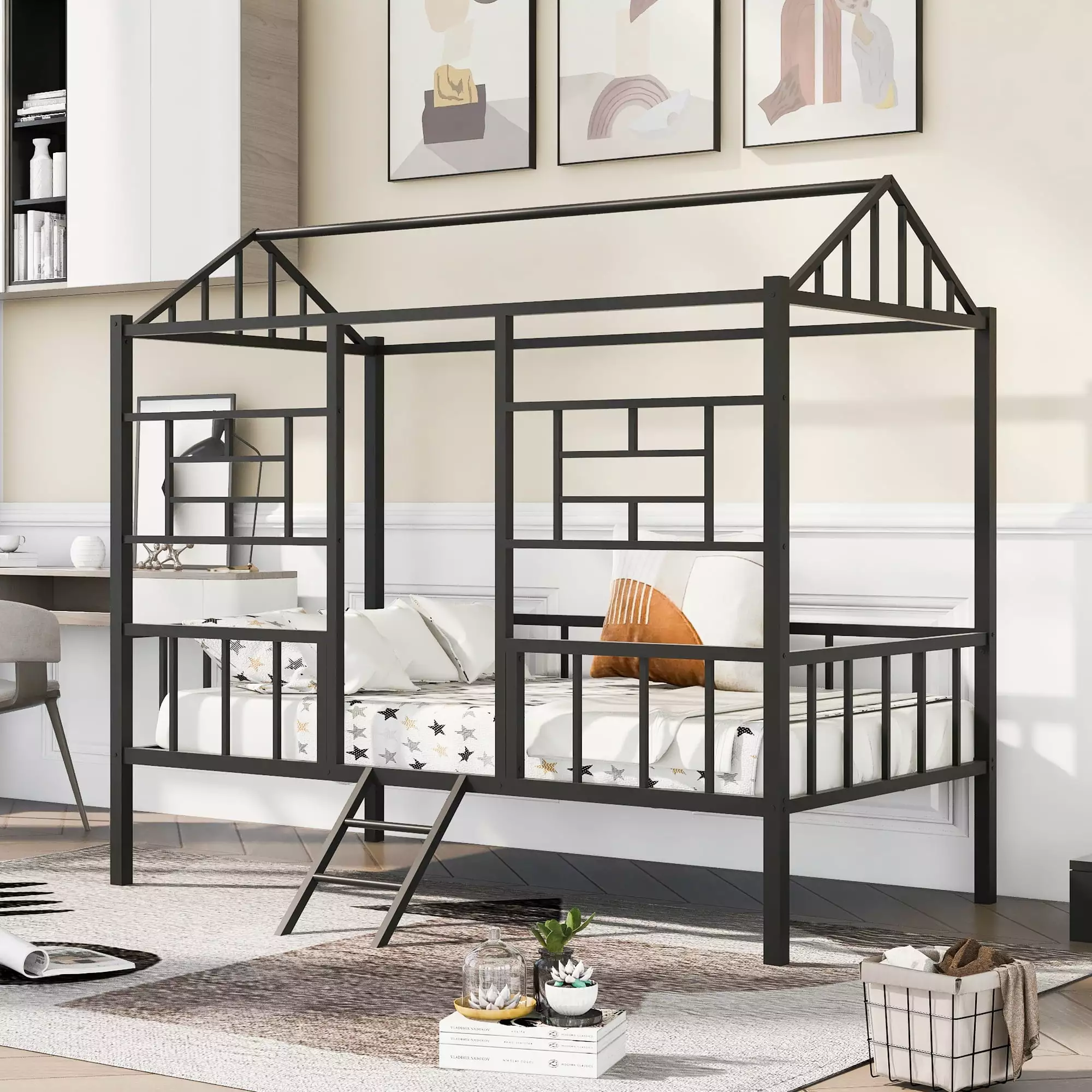 Gewnee Metal Twin Size House Bed. Playhouse Bed Frame with Ladder for Kids Teens.Black