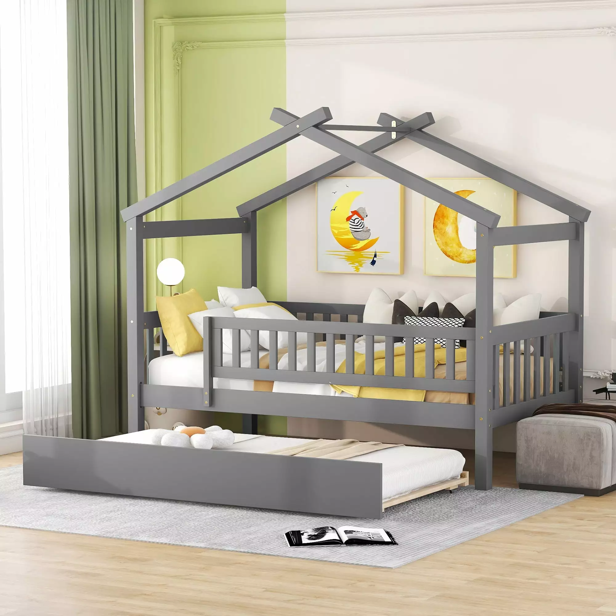 Gewnee Pine Wood Twin Size House Bed with Trundle and Roof for Kids.Gray