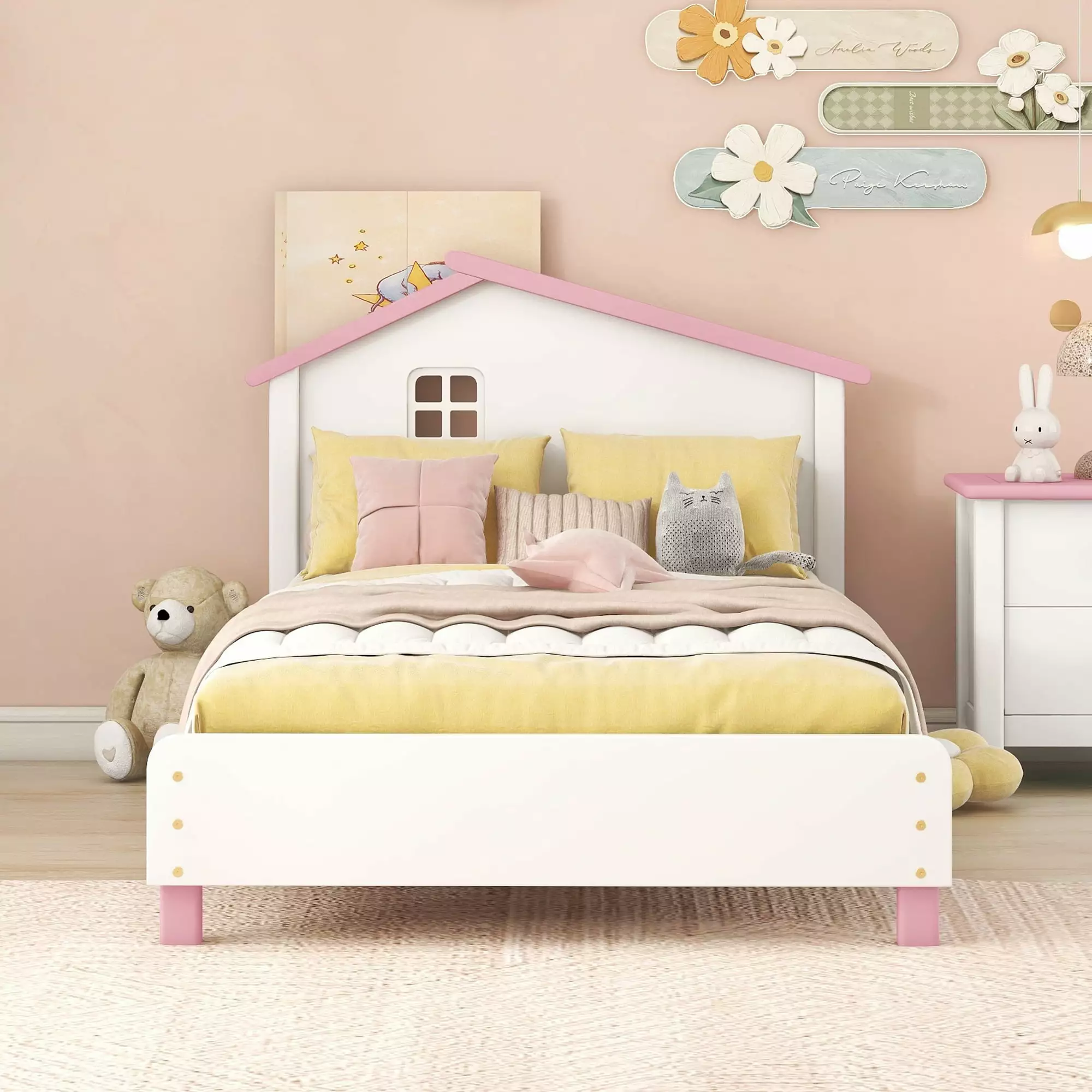 Gewnee Twin Size Platform Bed Frame with House Shaped Headboard for Kids.Pink