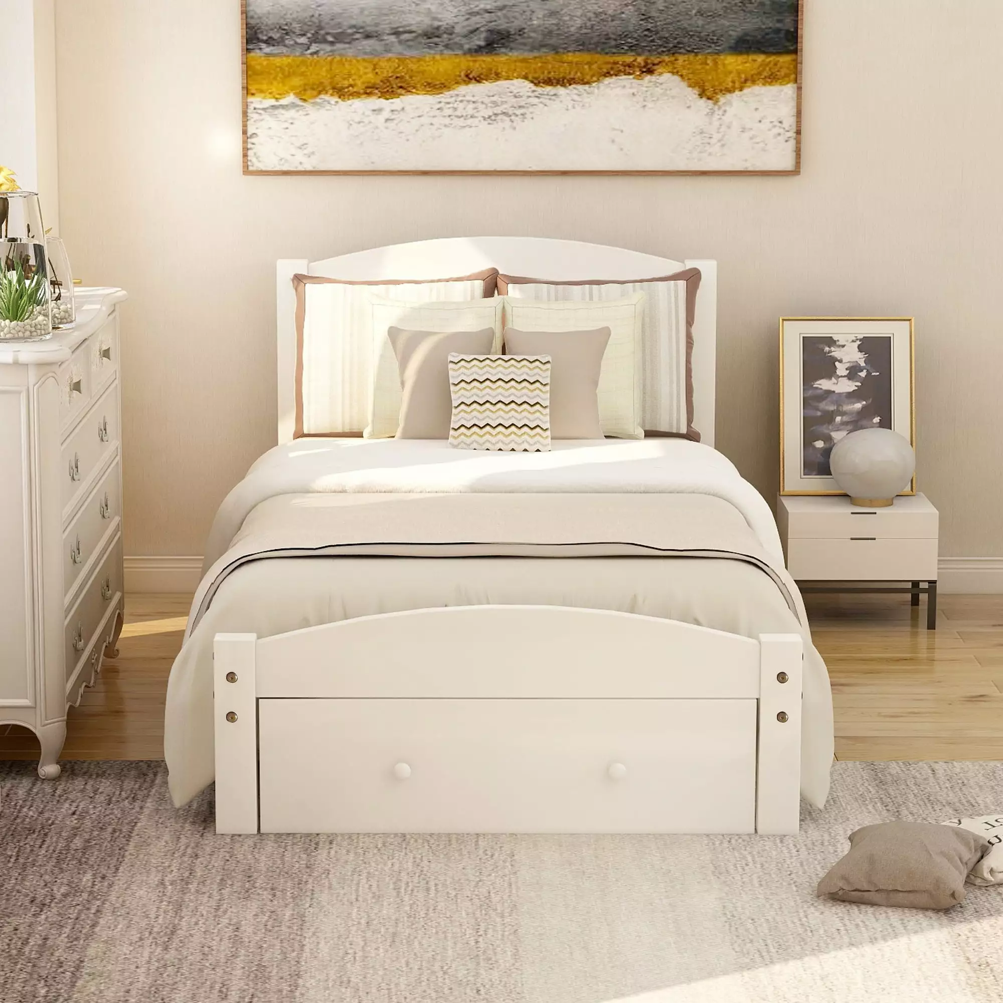 Gewnee Twin Size Wood Platform Bed Frame with Headboard and Big Storage Drawer for Kids.White