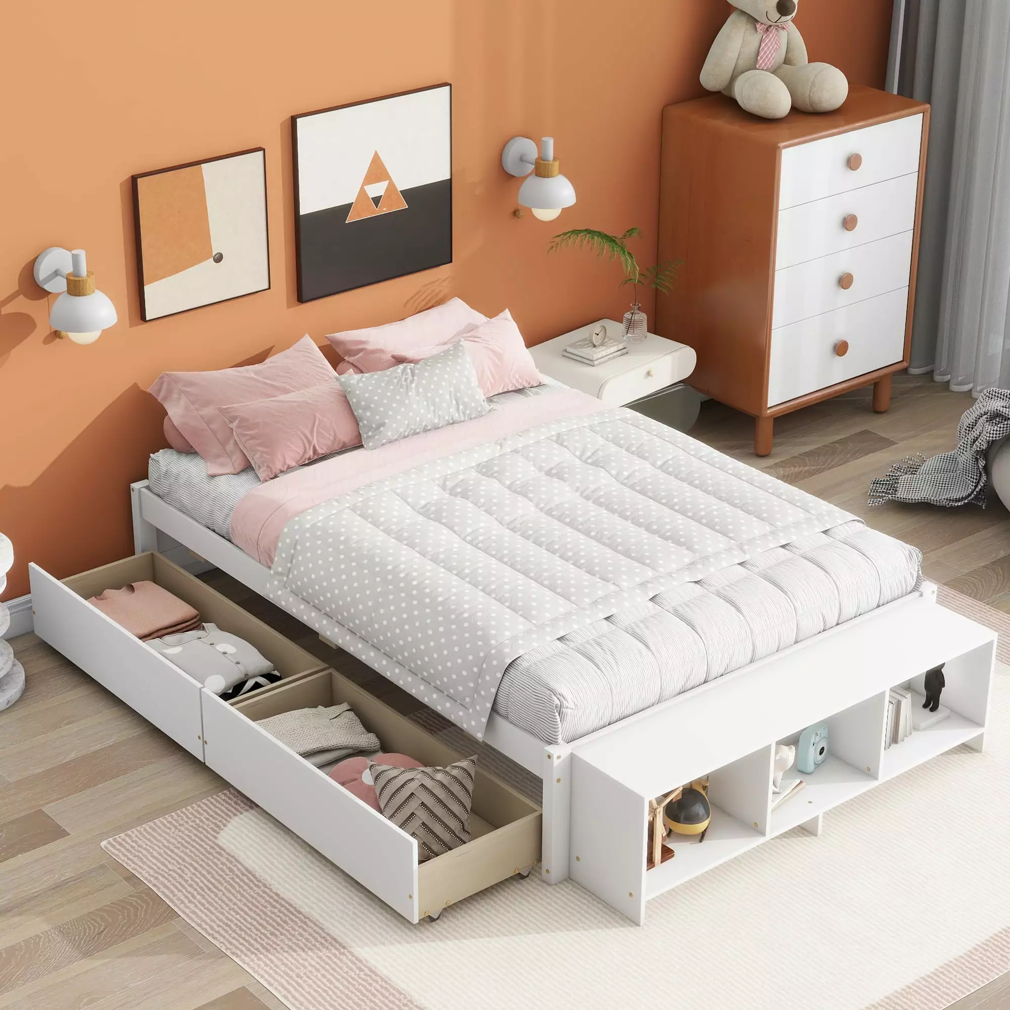 Gewnee Wood Full Size Platform Bed with Two Drawers and Storage Shelves for Kids.White