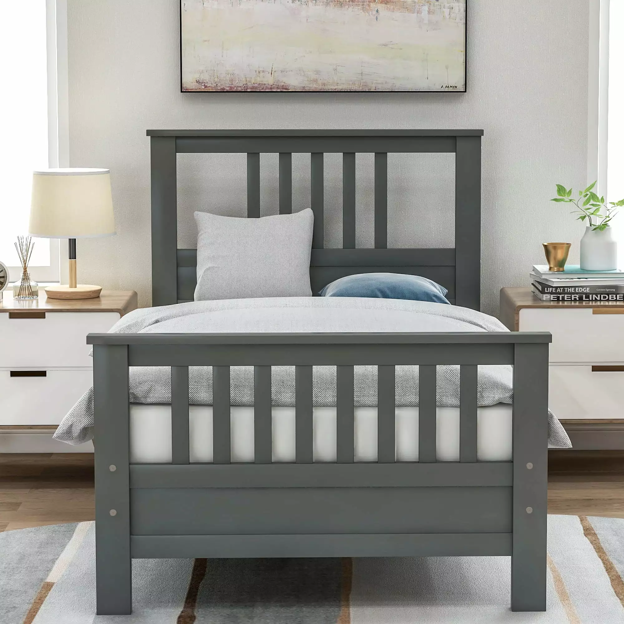 Gewnee Wood Twin Size Platform Bed Frame with Headboard and Footboard for Kids.Teens.Adults.Gray