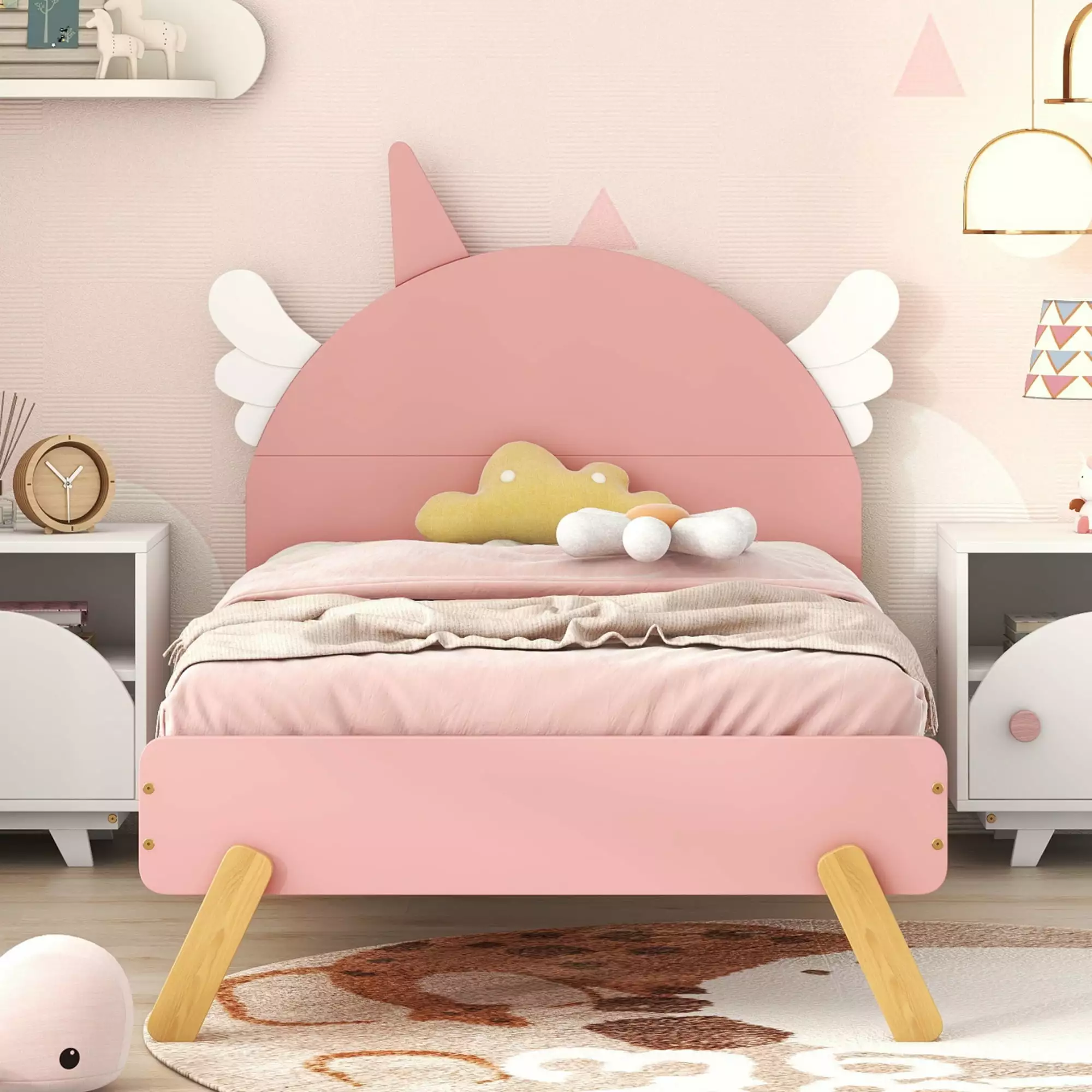 Gewnee Wood Twin Size Platform Bed with Cute Curved Headboard for Kids Child Teen.Pink