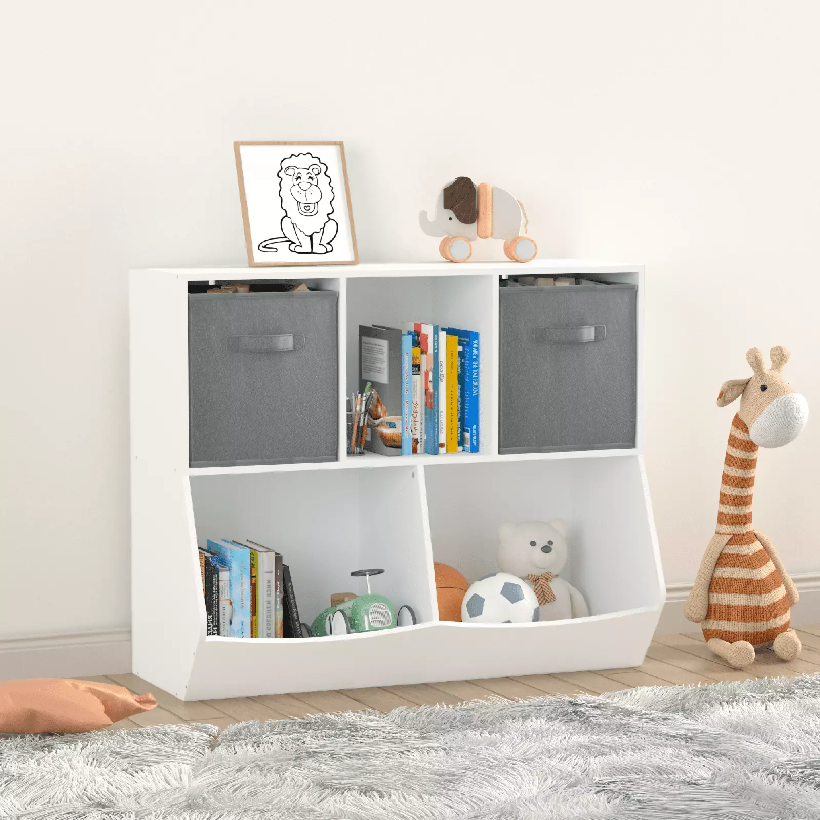 Gezen 5-Cubby Kids Toy Storage Organizer Wooden Bookshelf Display Cabinet with Fabric Drawers White for Playroom. Bedroom. Nursery. School