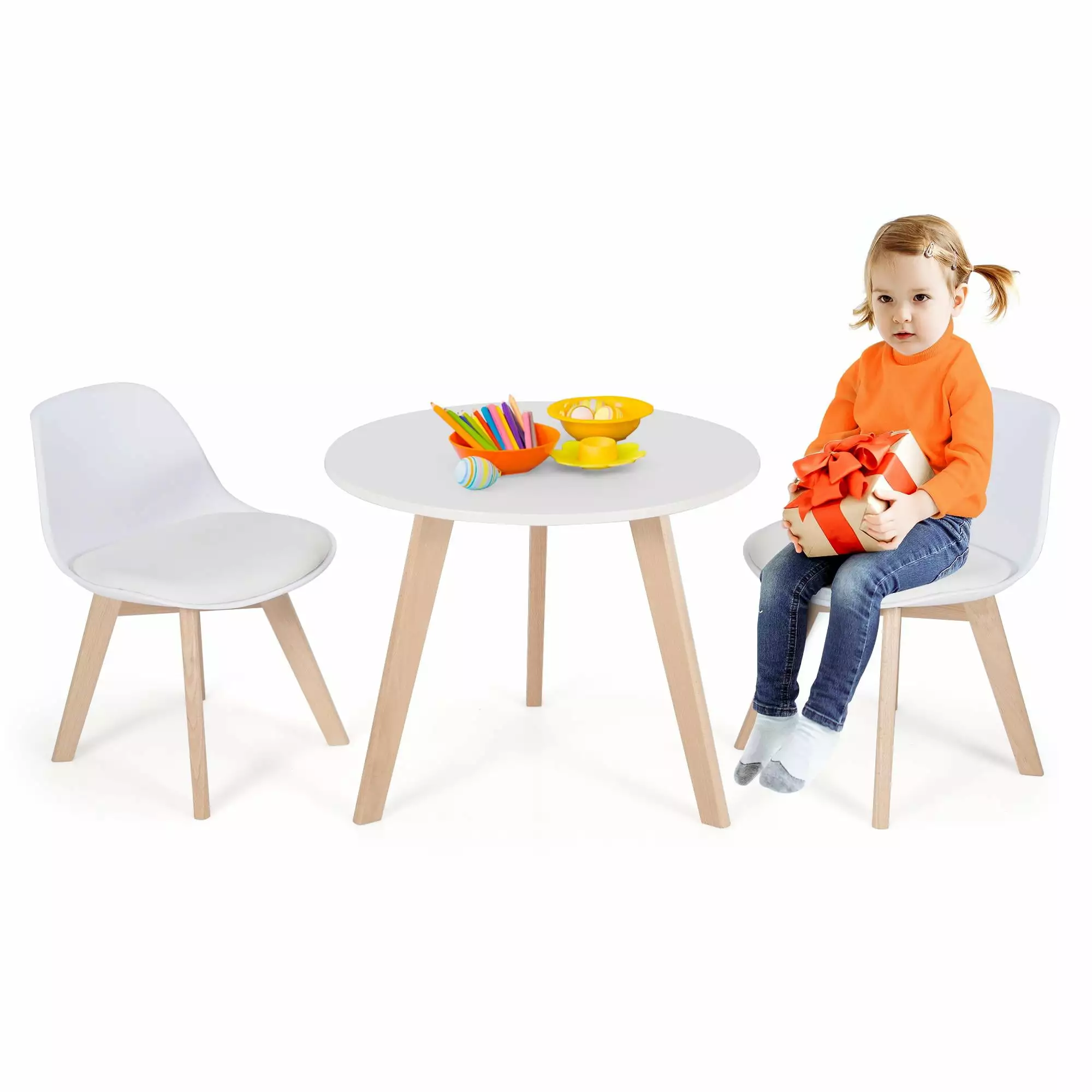 Giantex 3 Pcs Kids Table and Chair Set. Wood Activity Set w/Cushioned Seats. Child-Sized Furniture for Toddlers