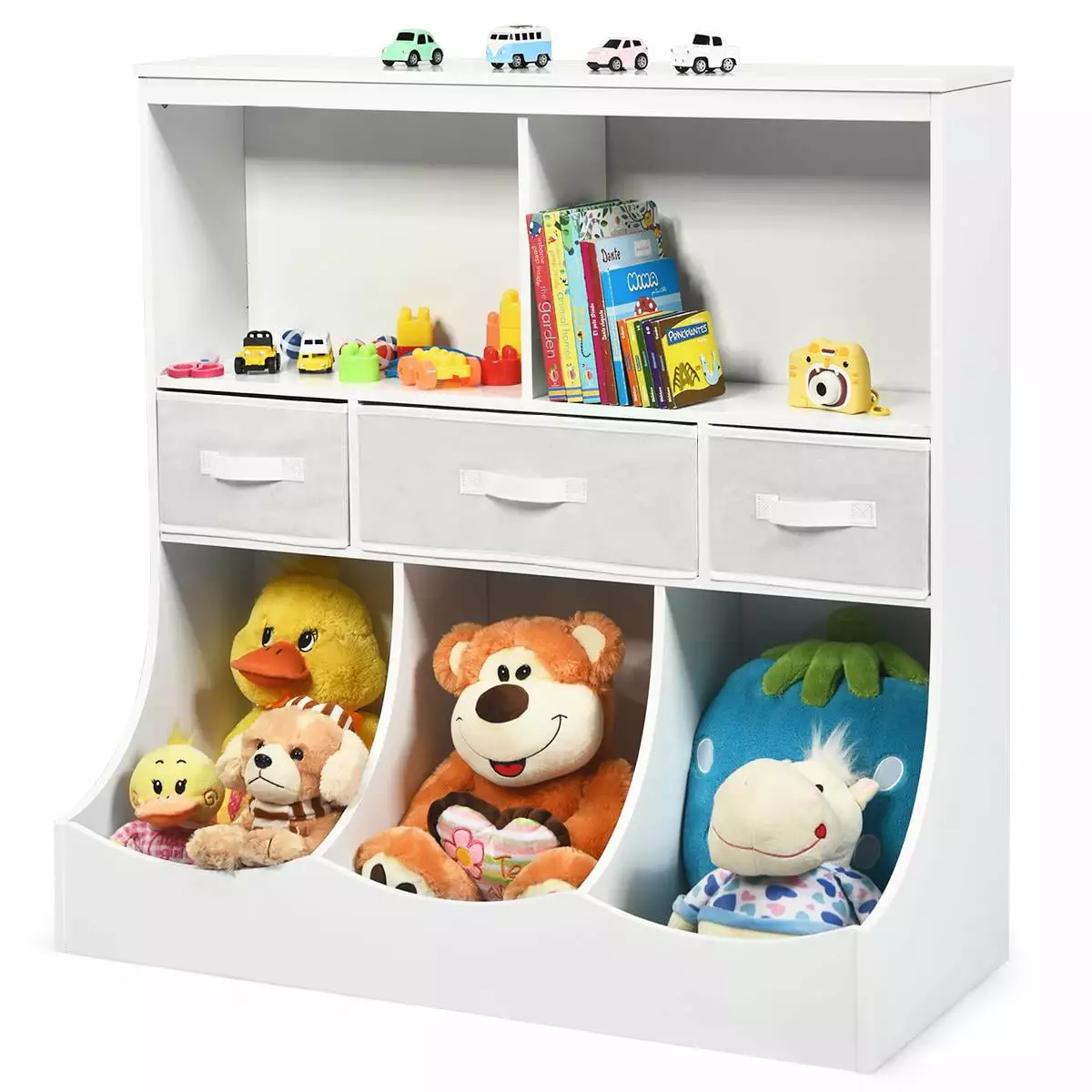 Giantex 3-Tier Kids Bookcase Toddler Storage Organizer Cabinet Shelf w/8 Compartment Box & Removable Drawers for Children. White