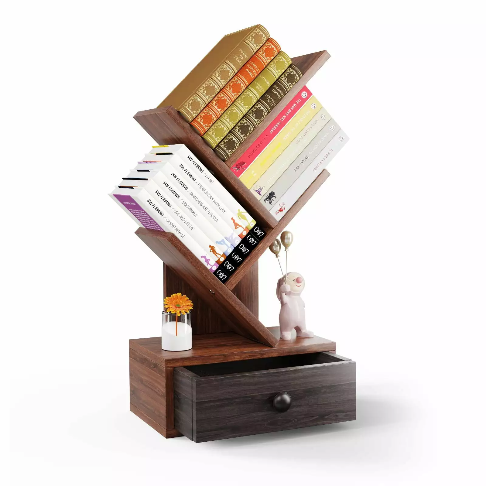 Giantex 5 Tier Tree Bookshelf w/Drawer. Space Saving Corner Wooden Bookcase. Open Display Organizer. Brown