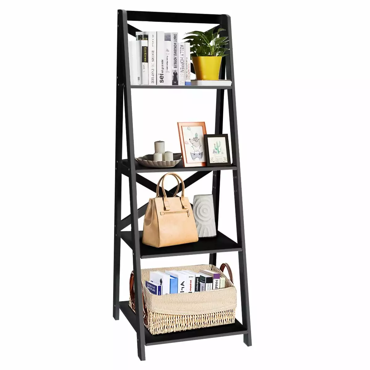 Giantex Modern 4-Tier Ladder Shelf. Free Standing Wooden Bookcase. Organizer Shelf for Living Room Kitchen Office. Black