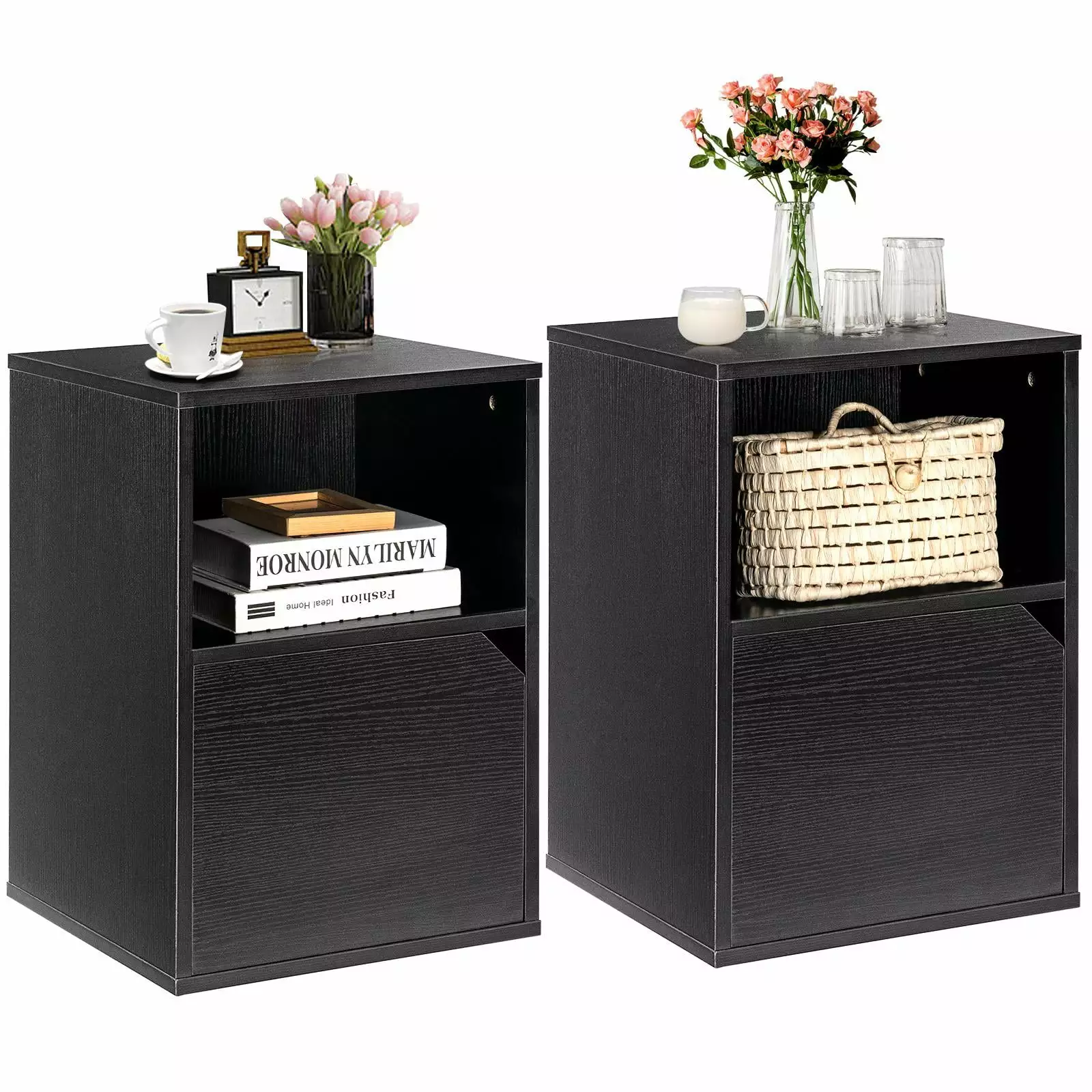 Giantex Set of 2 End Table. Bedside Nightstand w/Storage Cabinet & Open Shelf. Sofa Couch Side Table for Home & Office. Black