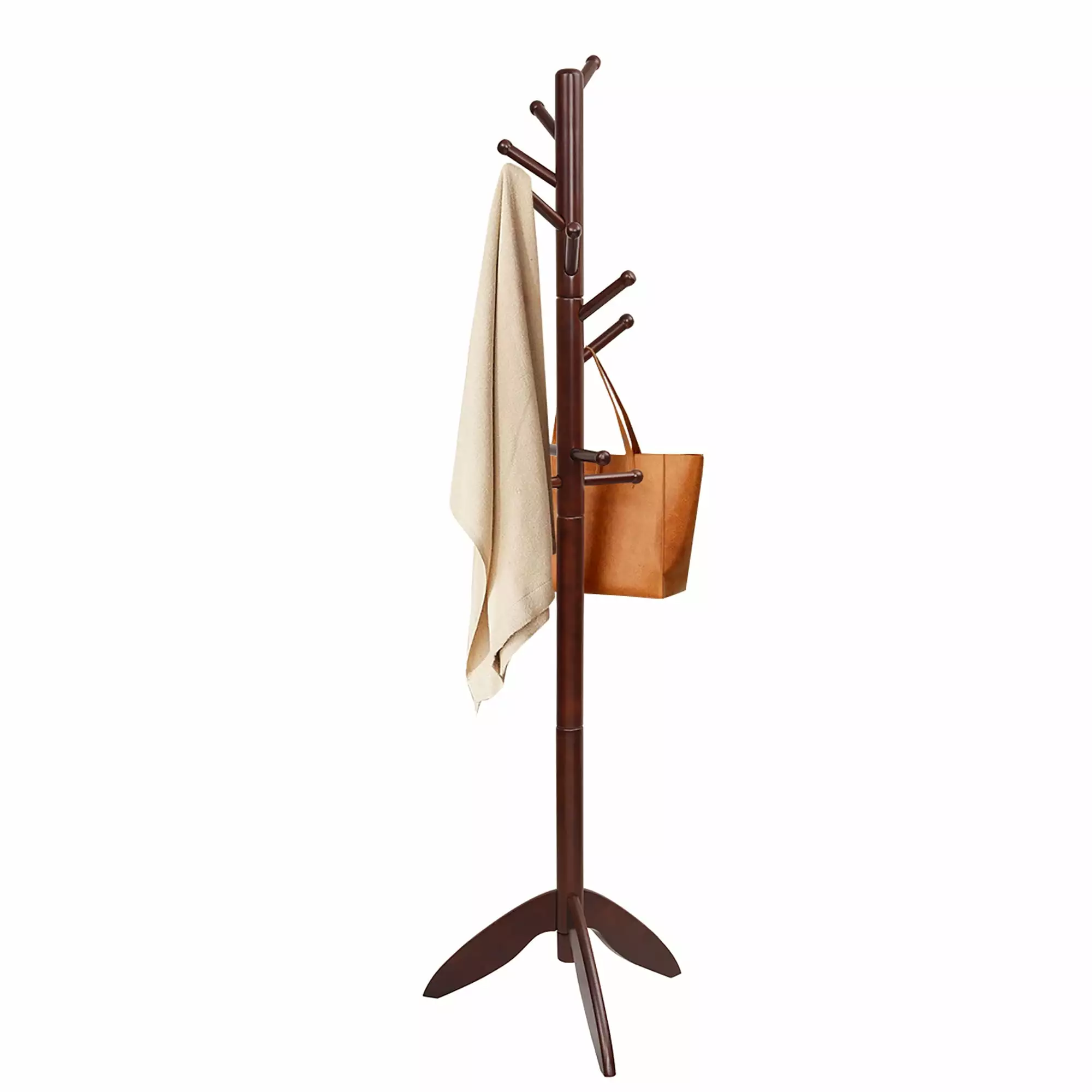 Giantex Wooden Coat Rack Stand. Coat Tree w/11 Hooks & 2 Adjustable Height. Floor Free Standing for Bedroom. Office. Hallway. Entryway. Easy to Assemble. Brown