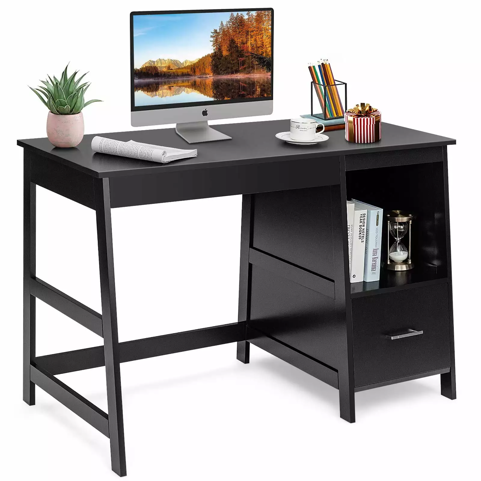 Giantex Wooden Computer Desk. Home Office Desk w/Large Storage Space. Multipurpose Ladder Writing Study Table. Black