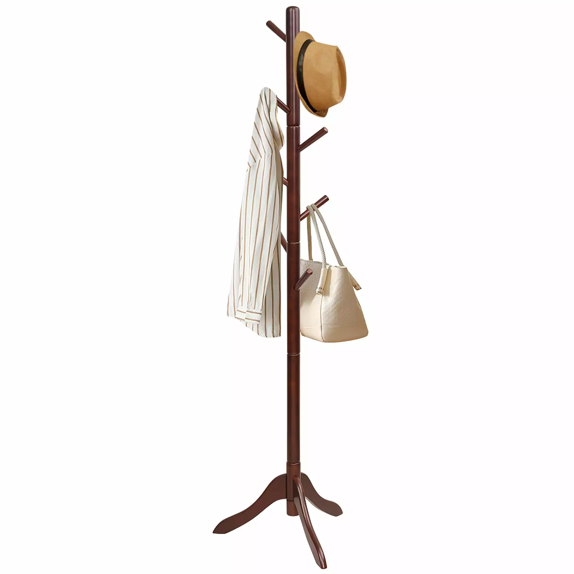 Giantex Wooden Tree Coat Stand. Height Adjustable Coat Rack w/8 Hooks & Tri-Legged Base. Standing Organizer for Office. Home. Hall. Entryway