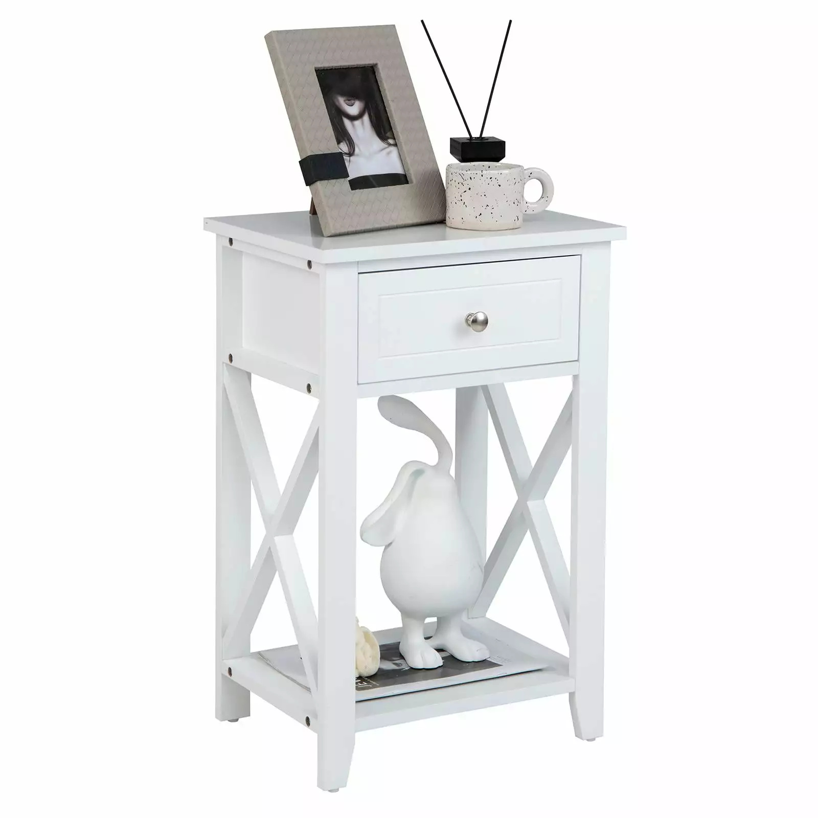 Giantex X-Design Nightstand. Bedside Table w/Drawer & Storage Shelf. Versatile Sofa Table End Table. White