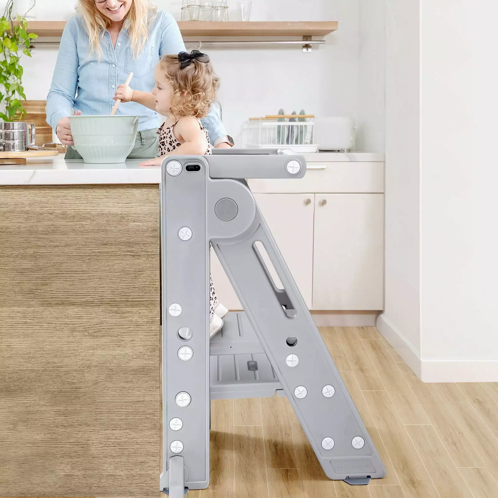 Gimars Foldable and Height Adjustable Kitchen Toddler Step Stool for Ages 1.5-6 . Montessori Toddler Tower for Learning & Cooking. Step Stool for Kitchen Counte& Sink. Gray