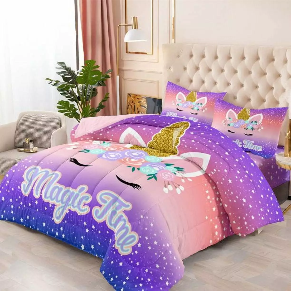 Girls Comforter Set Queen.3 Piece Glitter Bedding with Star Unicorn Printed . Ombre Purple Orange Bedding Set Soft Breathable All Season for Teens and Kids