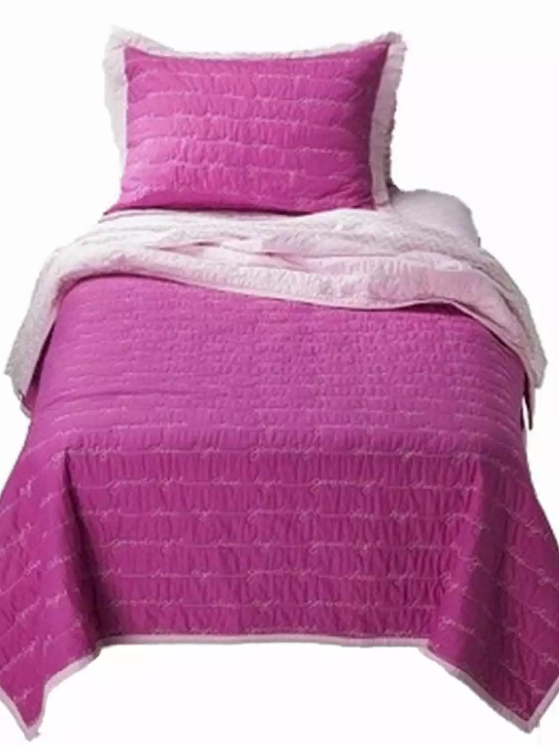 Girls Full Queen Quilt & Shams Set Hot Pink Goodnight Embroidered Sentiments Bed