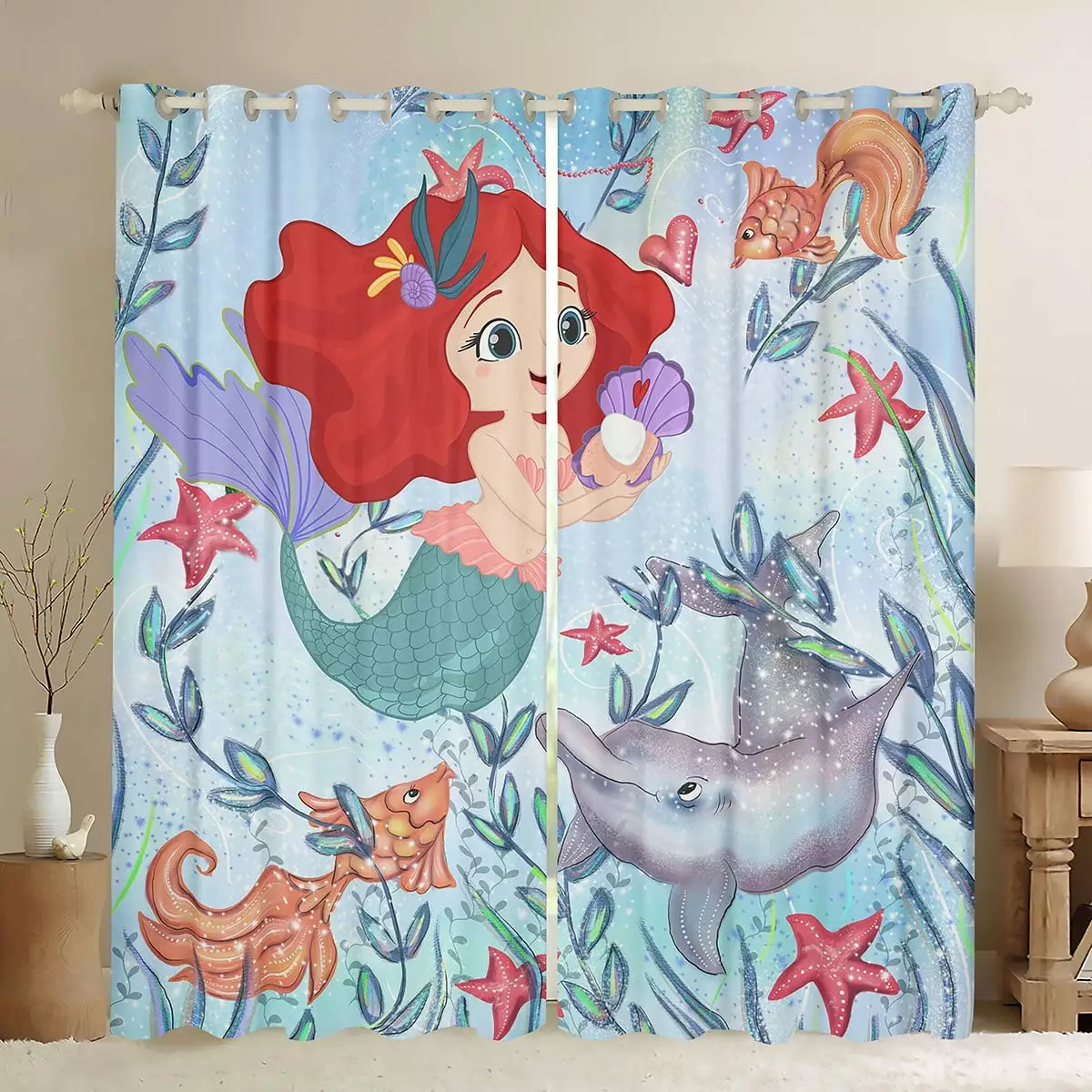 Girls Mermaid Curtains Kawaii Mermaid Girl Blackout Curtains for Bedroom. Ocean Animal Fish Dolphin Print Curtains & Drapes Mermaid Decor Window Treatments 42''Wx63''L