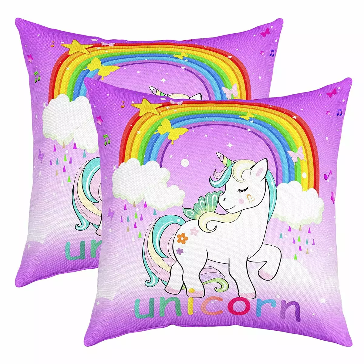 Girls Unicorn Pillow Covers 18x18 Inch Set of 2. Kids Unicorn Butterfly Throw Pillow Covers. Cute Rainbow Unicorn Print Cushion Cases. Galaxy Stars Decorative Square Pillow Cases Bedroom Decor.Purple