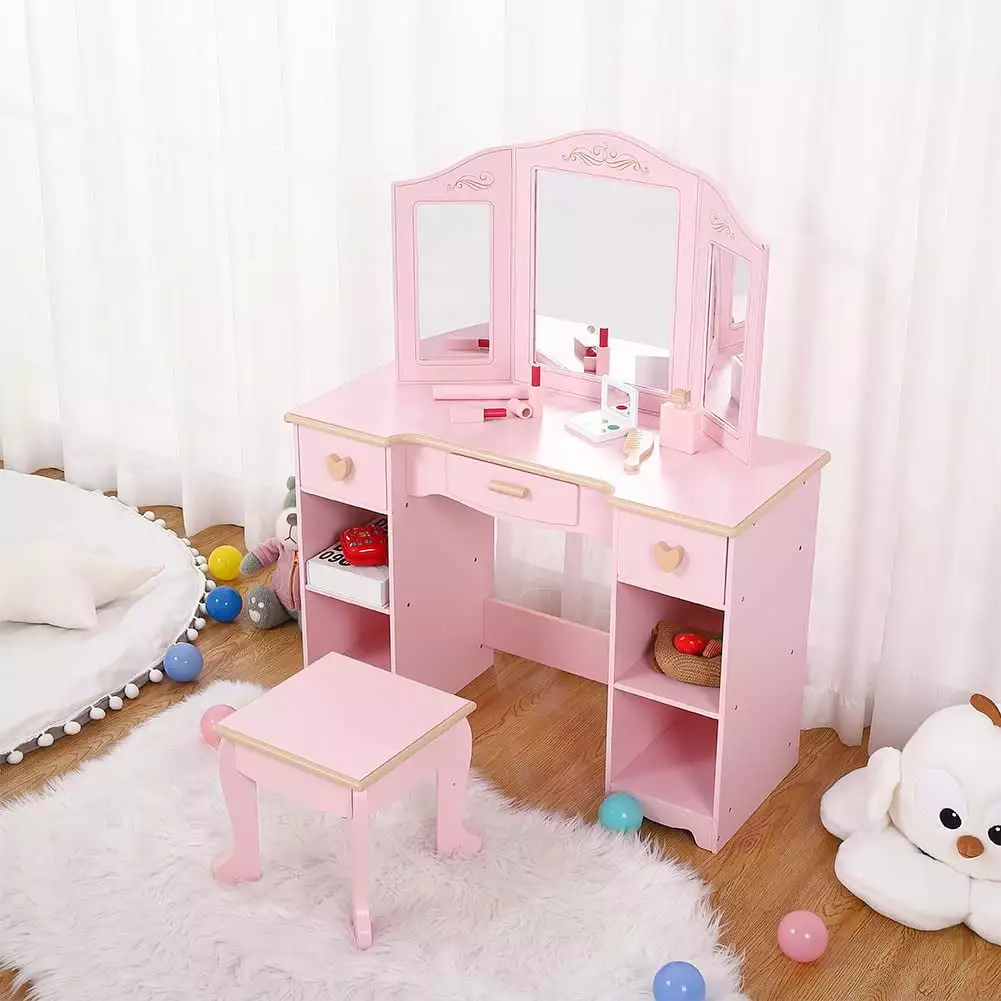 Girls' Vanity Table and Chair Set. Kids Makeup Dressing Table for Kids Girls 4 - 9. Wood Makeup Playset Toy. Kids Vanity Set with Mirror and Drawer. Pink