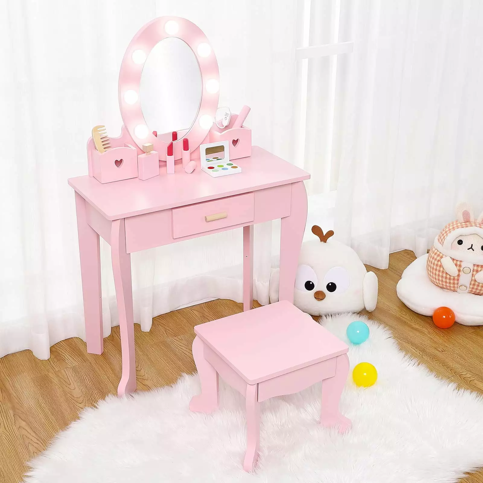 Girls' Vanity Table and Chair Set. Kids Makeup Dressing Table with Lights & Wood Makeup Playset. Kids Vanity Set with Mirror & Drawer for Age 4-9