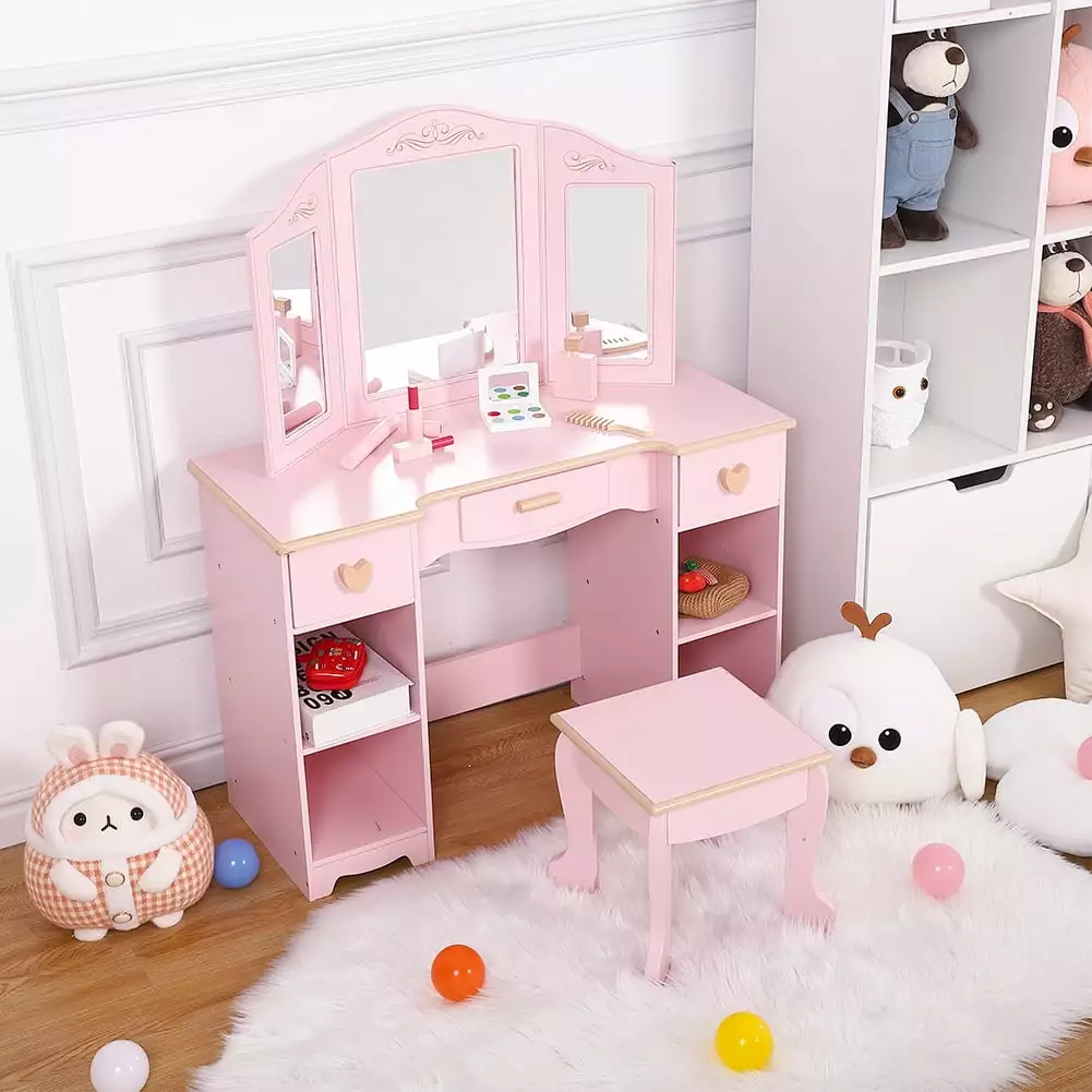 Girls' Vanity Table and Stool Set. Kids Makeup Dressing Table with Wood Makeup Playset Toy. Kids Vanity Set with Mirror & Drawer for Age 4-9.