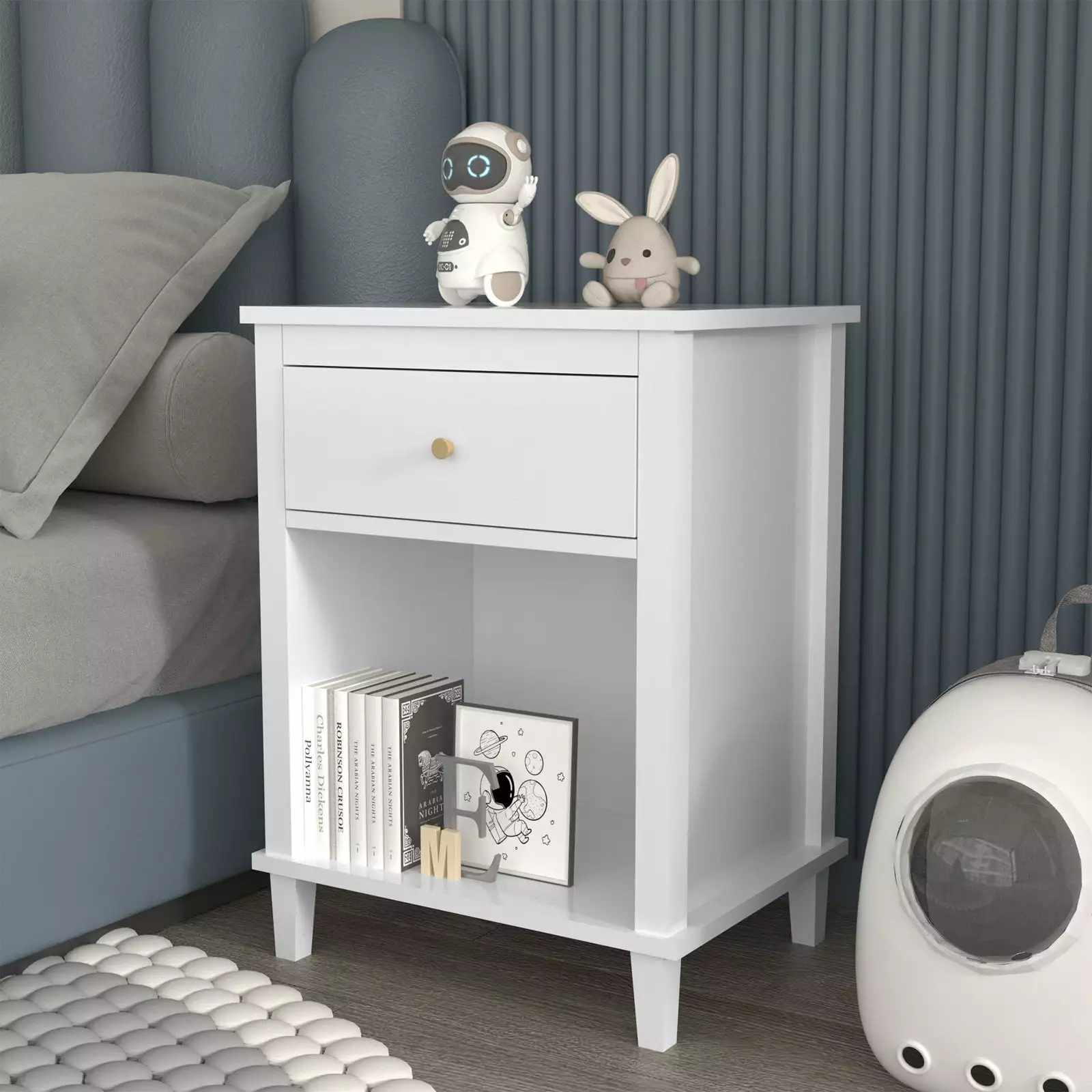 Glavbiku Modern Nightstand.Bedside Tables with 1 Drawer 1 Shelf for Kids.Adult.White