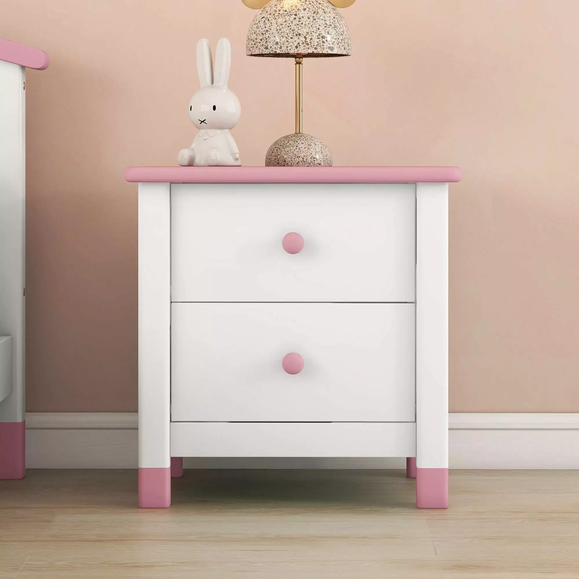 Glaviku Wooden Nightstand with 2 Drawers for Child.Contrasting Color End Table for Bedroom.Pink