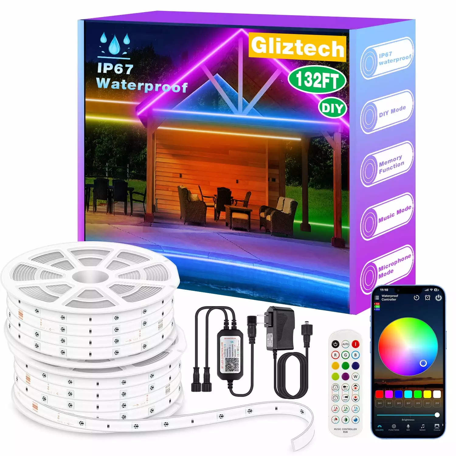 Gliztech 132ft Outdoor Led Strip Lights. IP67 Waterproof LED Light for Outside App Remote Control. RGB Music Sync Exterior Rope Light Strip for Pool. Patio. Deck. Christmas Lighting