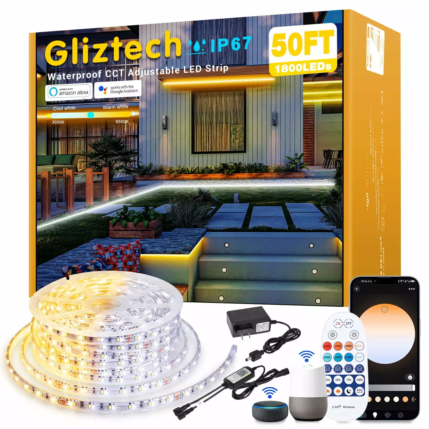 Gliztech Outdoor White Led Strip Lights. Alexa Compatible Rope Light Cool and Warm White Adjustable. 24V IP67 Waterproof LED Light with App Remote Control for Patio. Deck. Fence (50ft. 3000k-6500k)