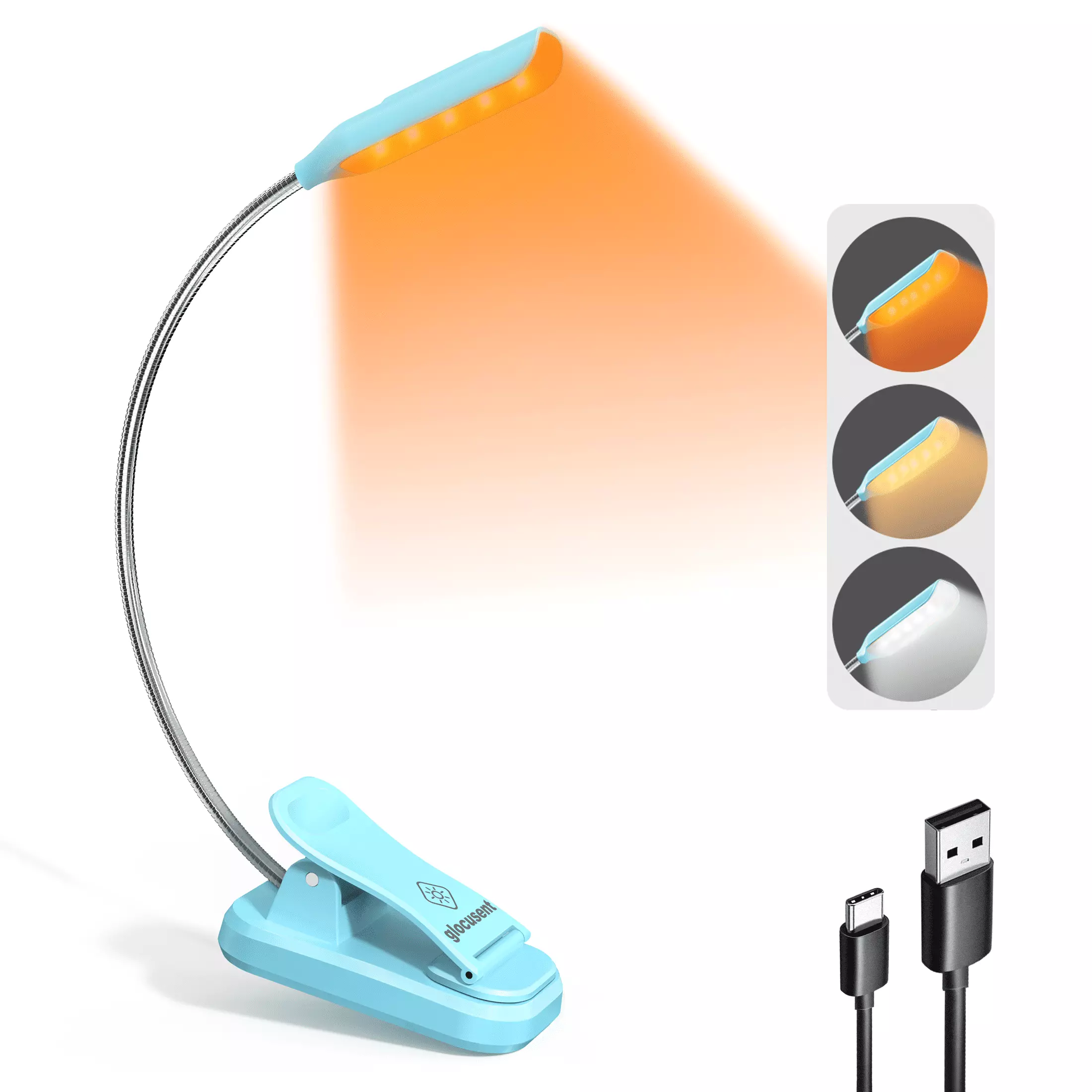 Glocusent Mini Rechargeable 10 LED Amber Book Light for Reading in Bed. Eye-Care Clip On Reading Light Up to 80 Hrs. 3 Dimmable Brightness X 3 Color Modes. Perfect Little Book Light for Readers & Kids